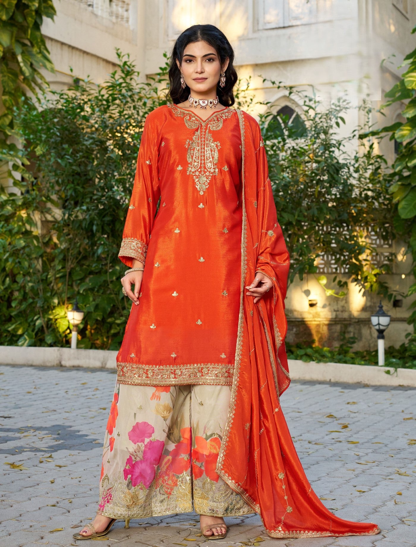Orange Chinon Designer Suit Set With Elegant Embroidery
