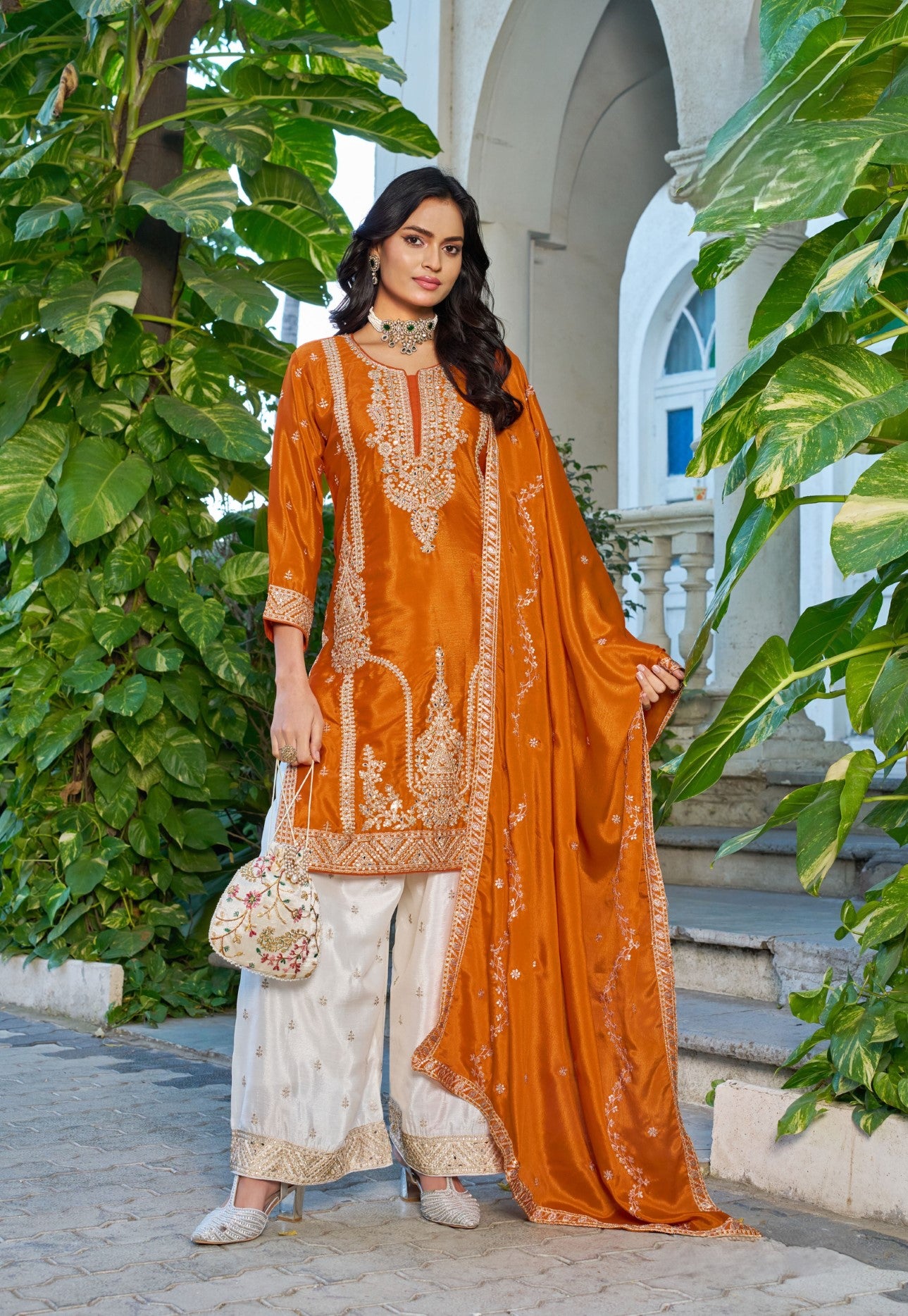 Orange Chinon Designer Suit Set With Elegant Embroidery
