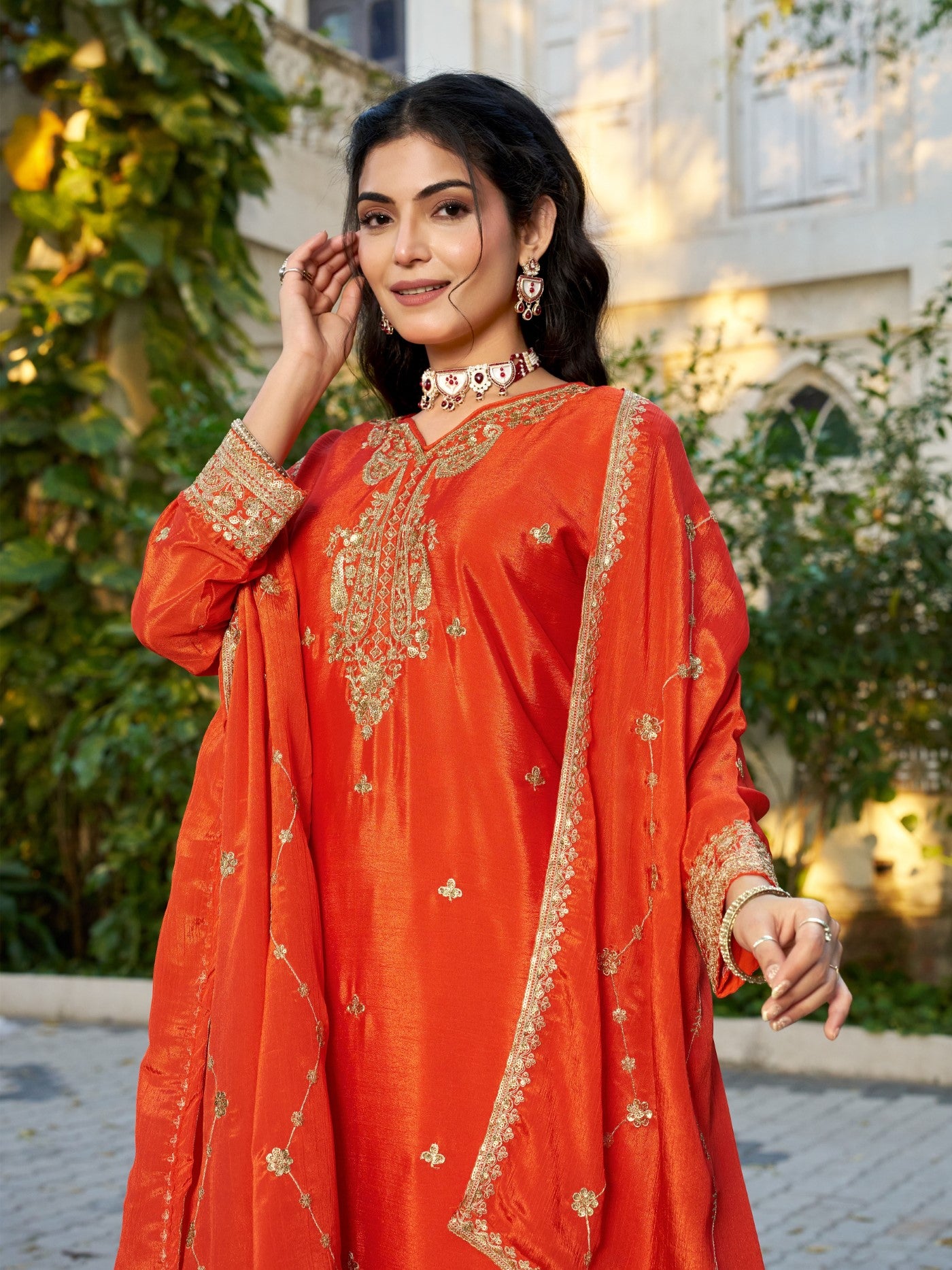 Orange Chinon Designer Suit Set With Elegant Embroidery
