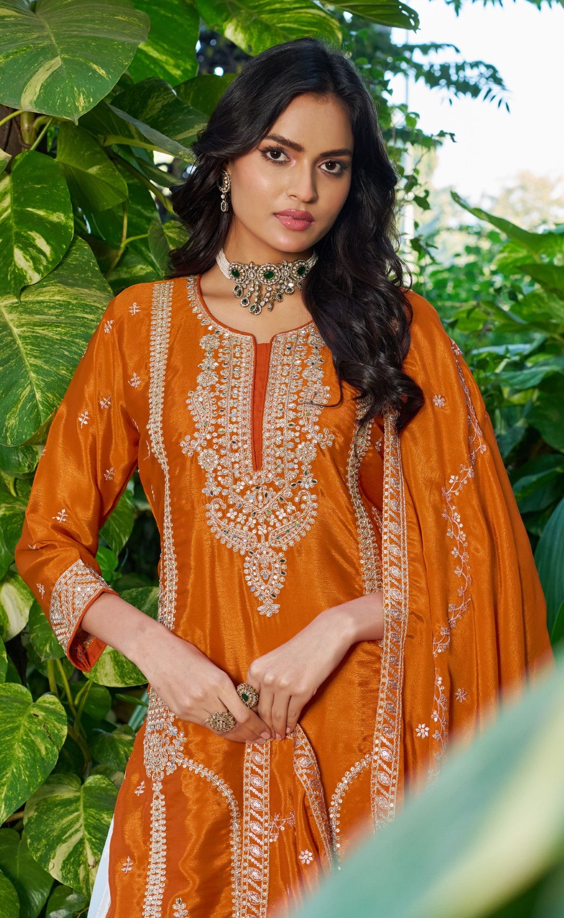 Orange Chinon Designer Suit Set With Elegant Embroidery
