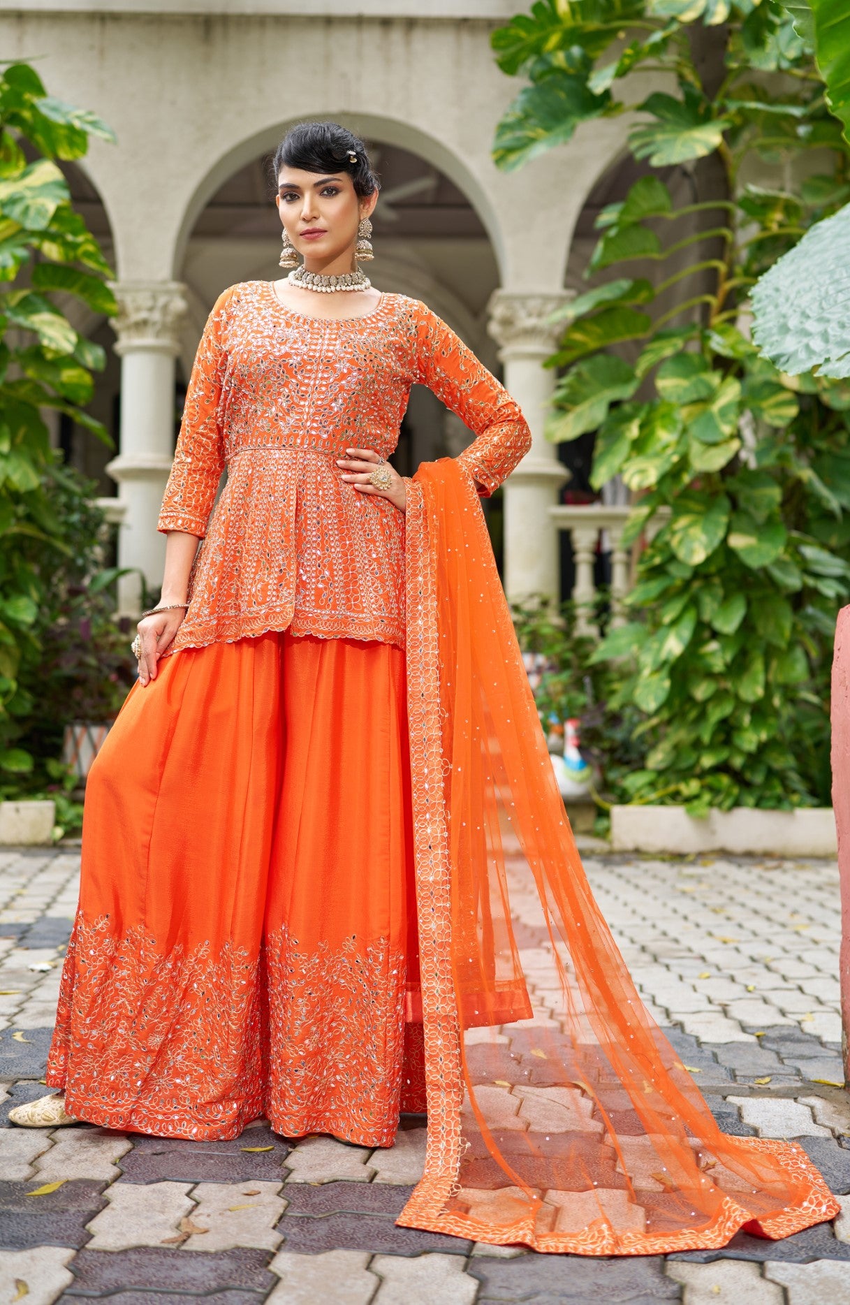 Orange Chinon Silk Salwar Suit With Real Mirror Work