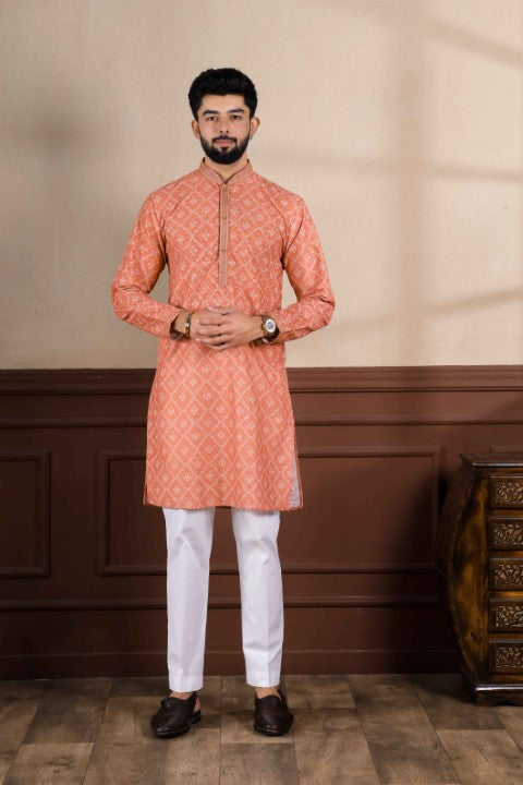 Orange Cotton Blend Kurta Pajama with Abstract Print