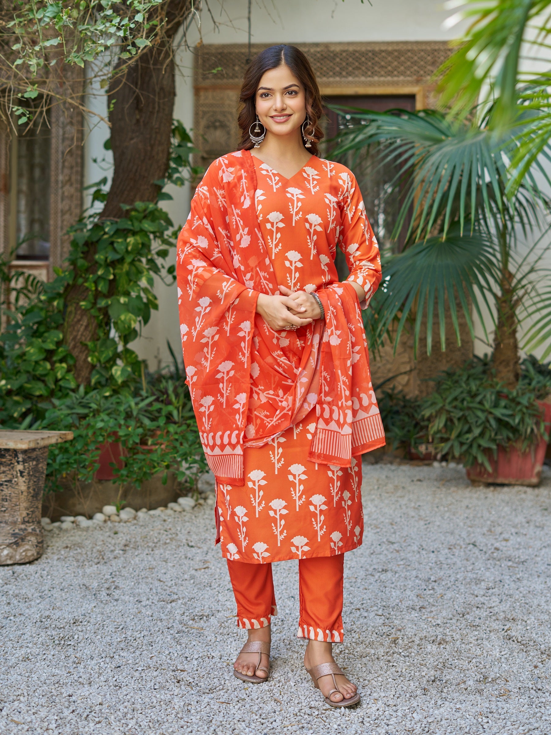 Orange Cotton Blend Kurta Pant Set Printed