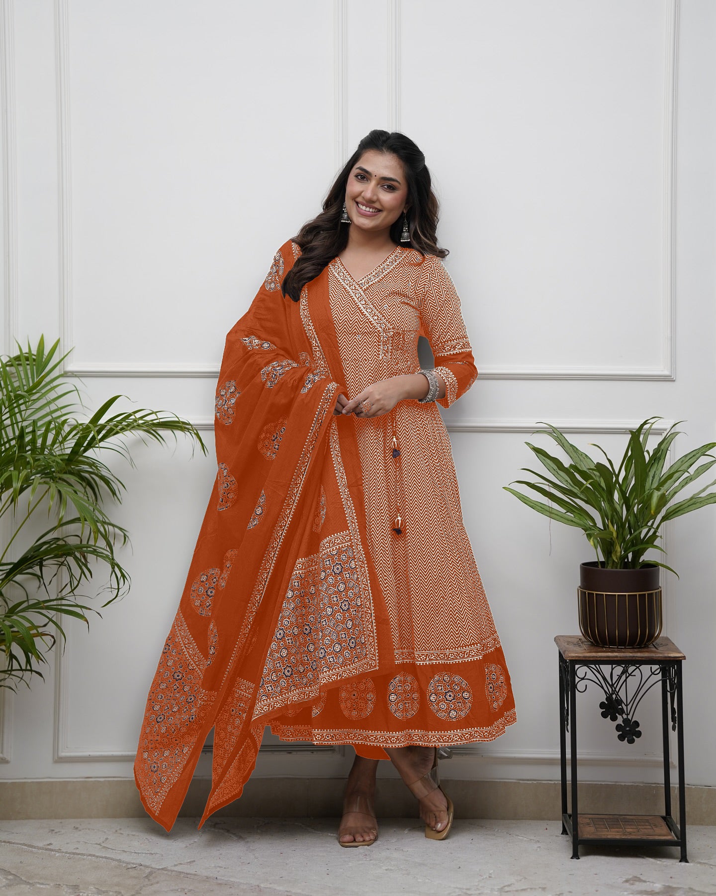 Orange Cotton Blend Kurta Pant with Print With Thread Embroidery Work