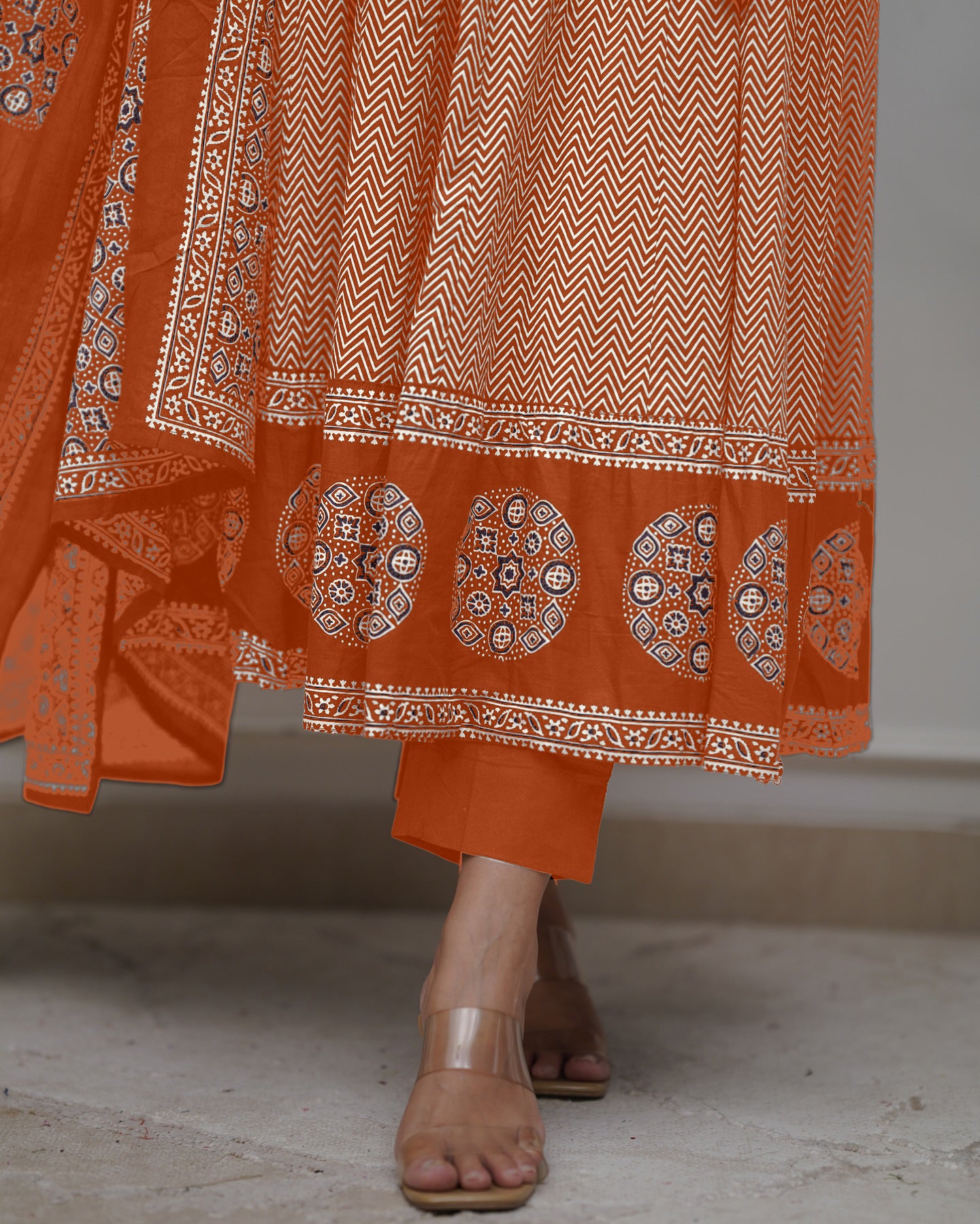 Orange Cotton Blend Kurta Pant with Print With Thread Embroidery Work