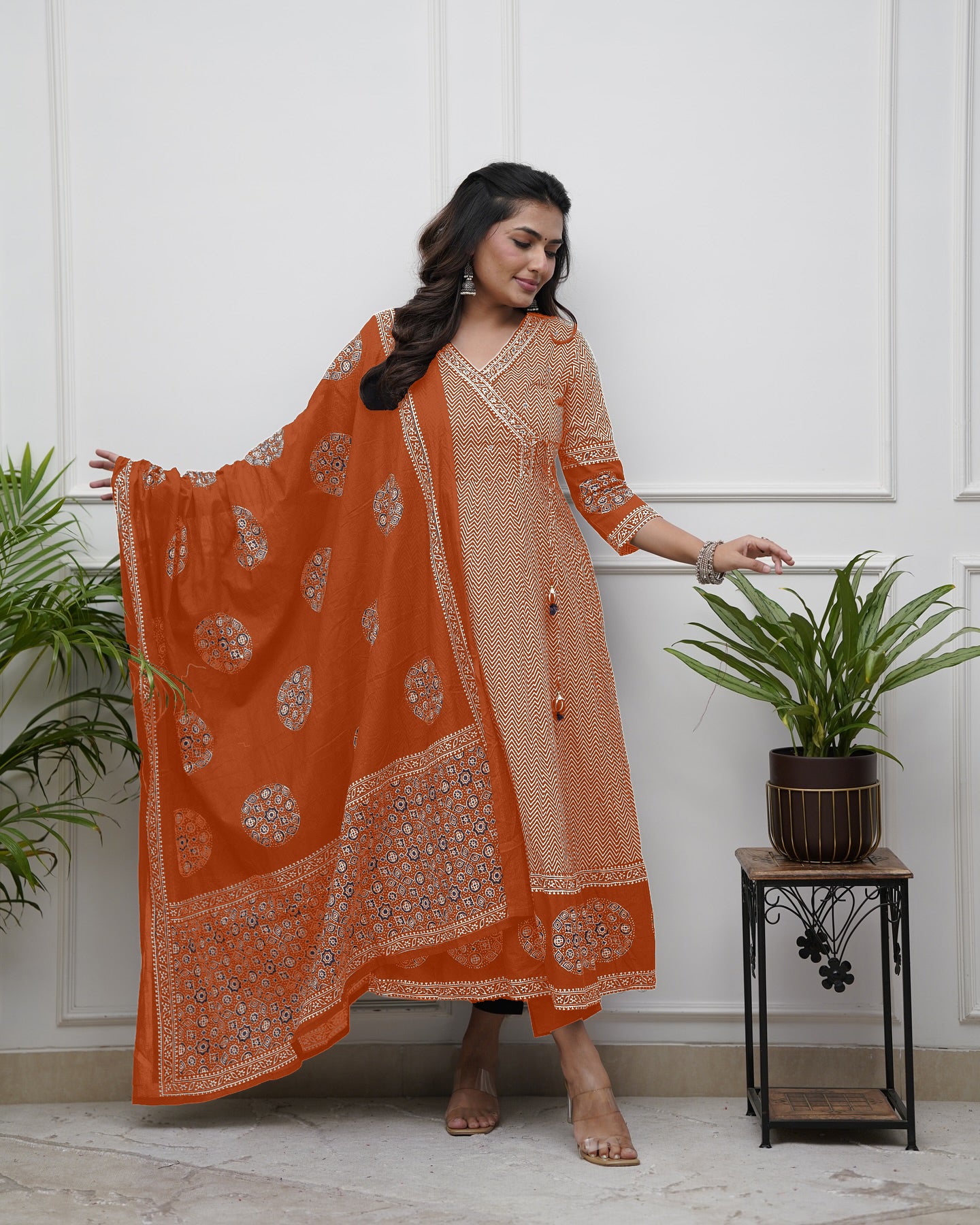 Orange Cotton Blend Kurta Pant with Print With Thread Embroidery Work