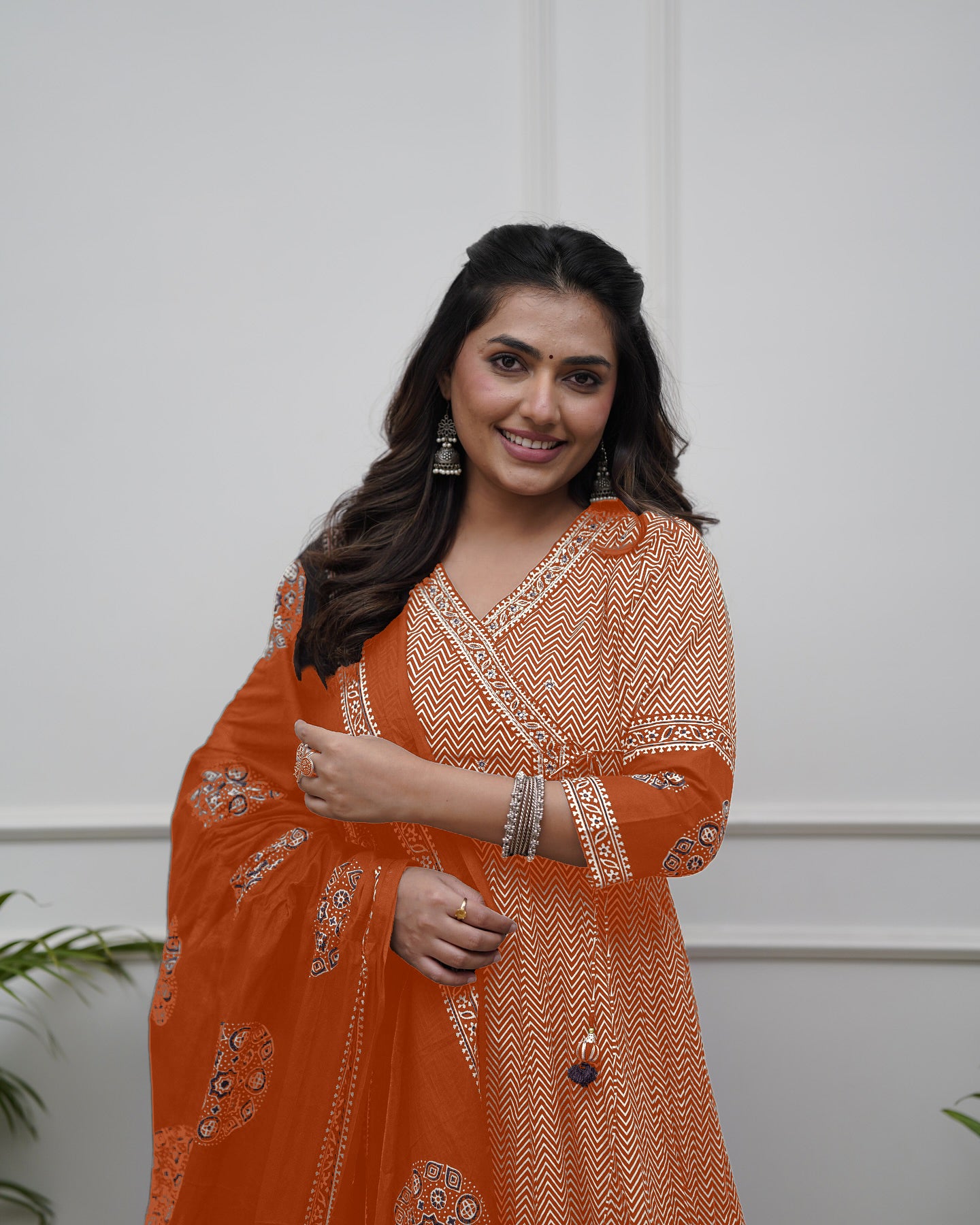 Orange Cotton Blend Kurta Pant with Print With Thread Embroidery Work