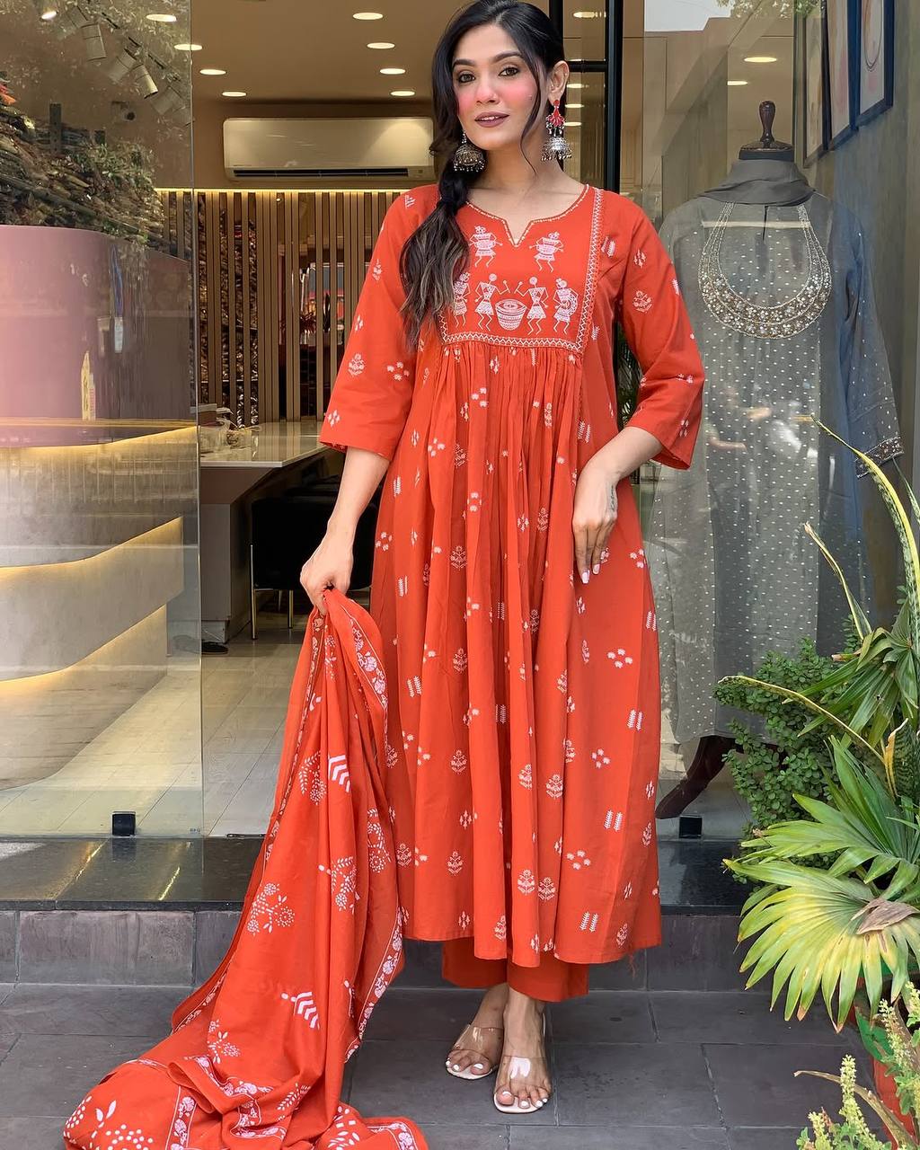 Orange Cotton Kurta Pant Set With Heavy Thread Embroidered Work With Printed Dupatta