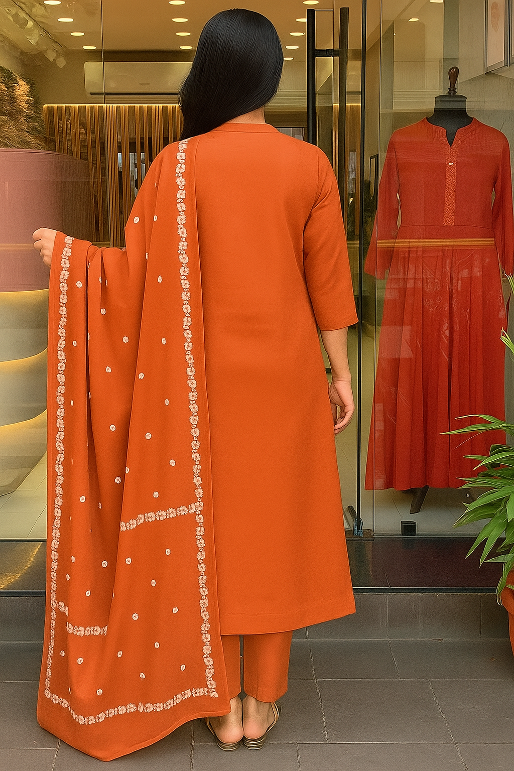 Orange Cotton Kurta Pant Set With Heavy Thread Embroidery Work