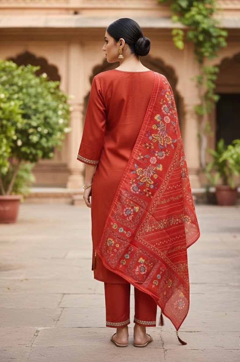 Orange Cotton Silk Designer Suit Set With Sequin Embroidery