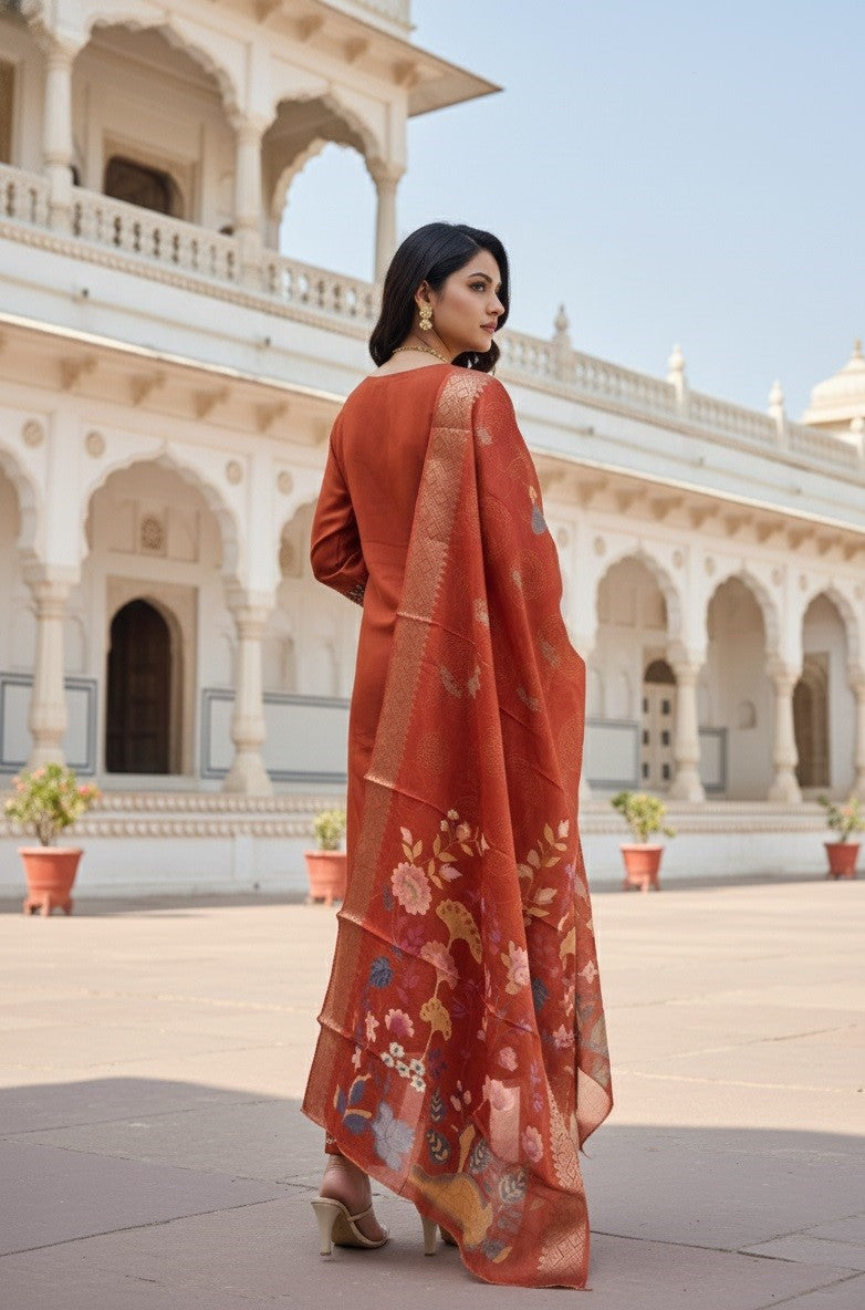Orange Cotton Silk Designer Suit Set With Sequin Embroidery