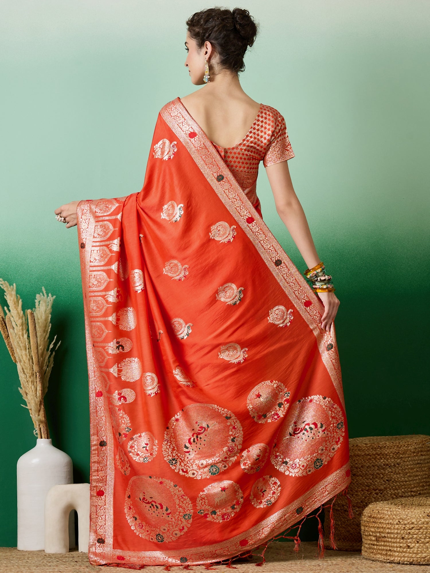 Orange Dolla Cotton Woven Meenakari Designer Ethnic Festive Saree