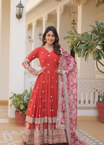 Orange Faux Georgette Suit With Embroidery Zari Sequins-work