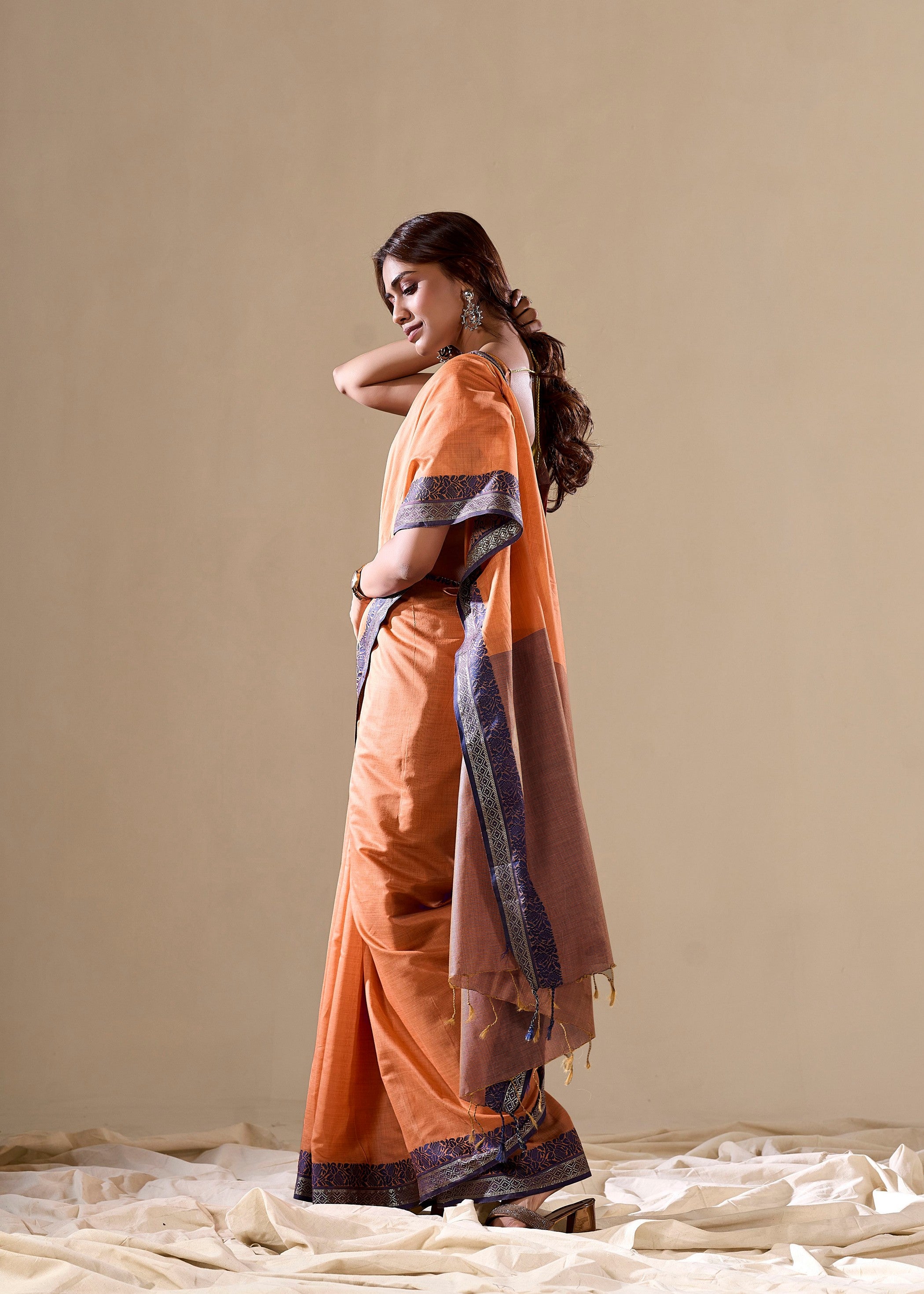 Orange Handloom Silk Woven Pallu Border Designer Ethnic Traditional Saree