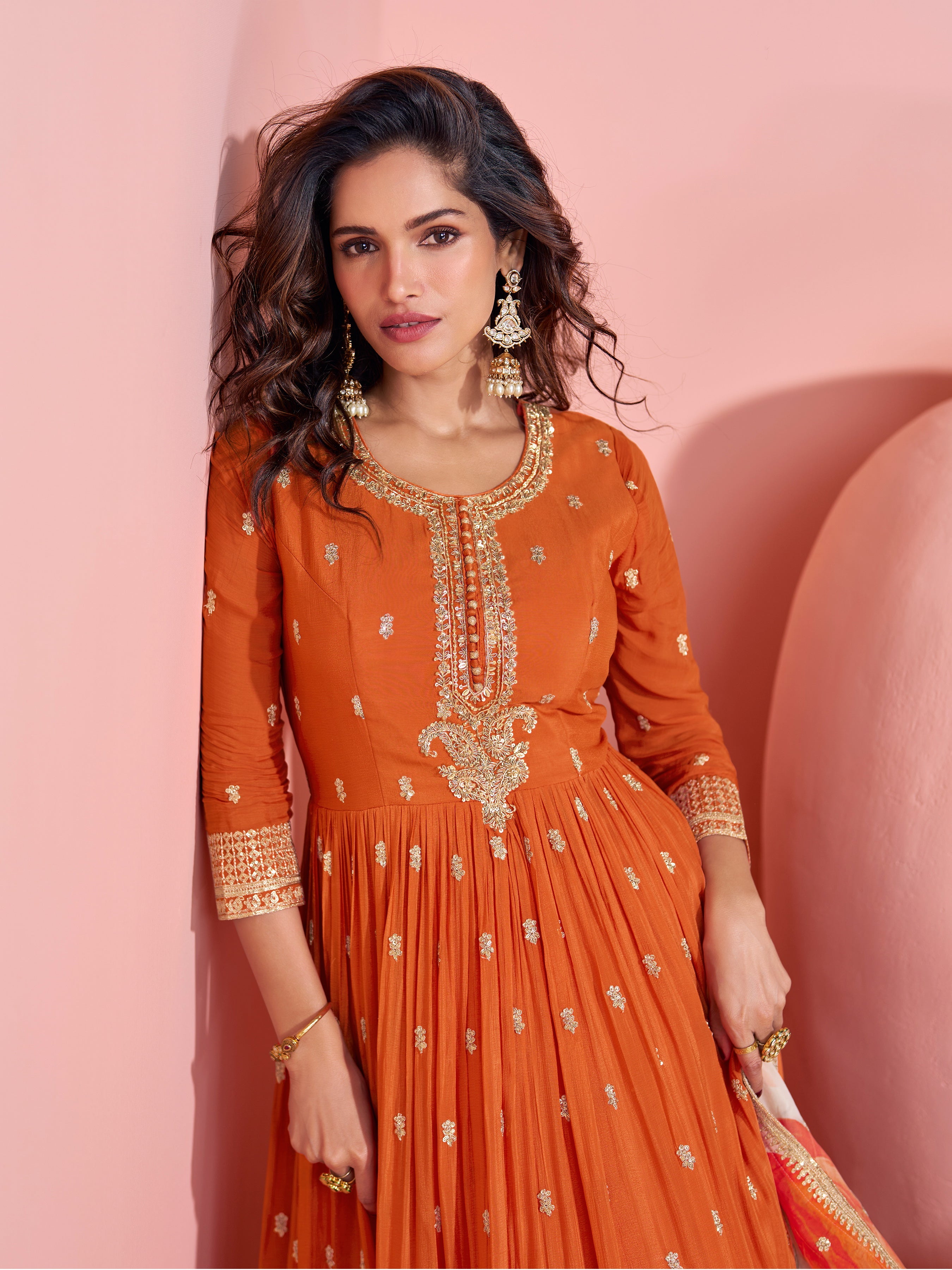 Orange Heavy Designer Suit With Heavy Embroidery Work