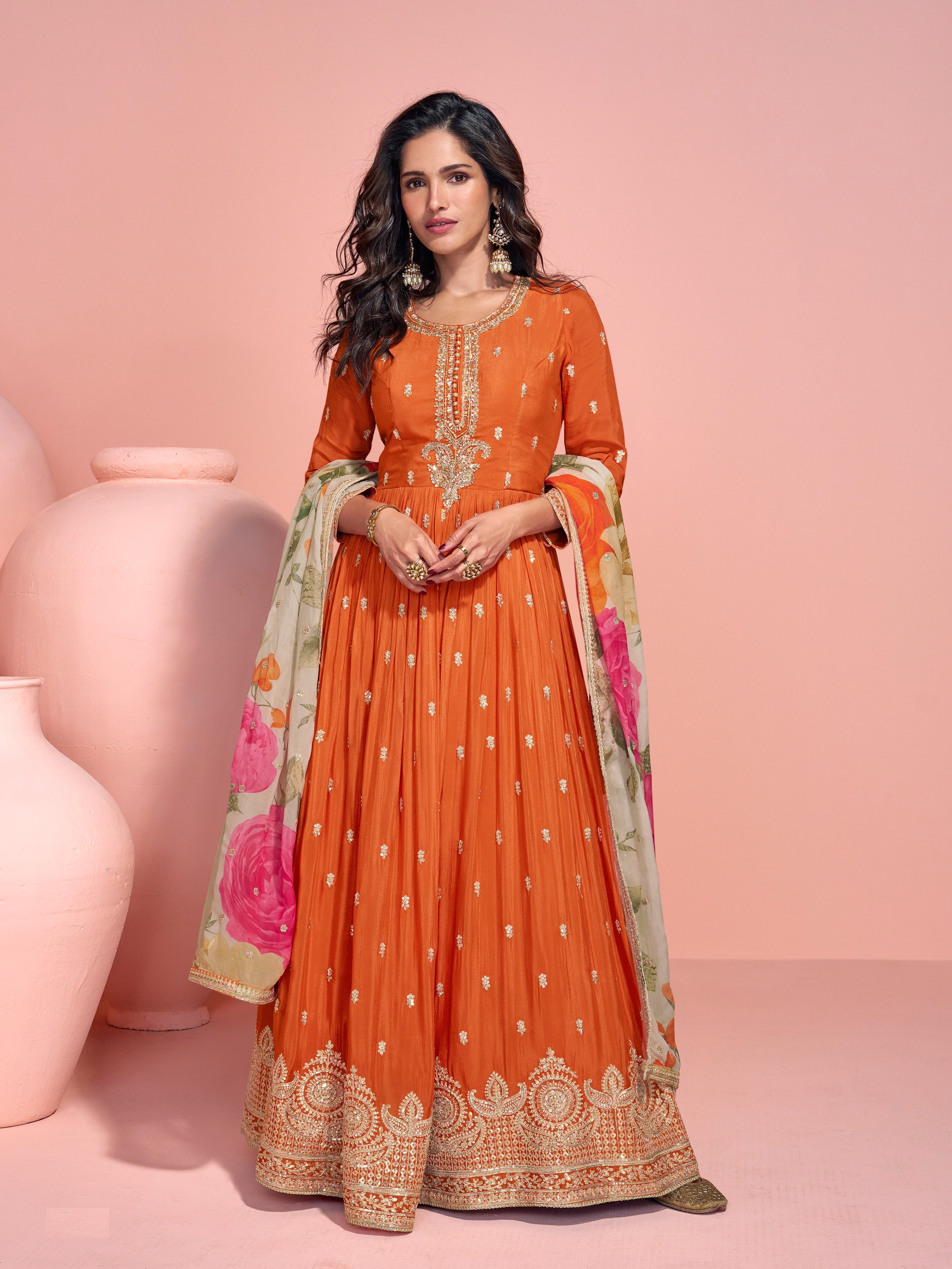 Orange Heavy Designer Suit With Heavy Embroidery Work