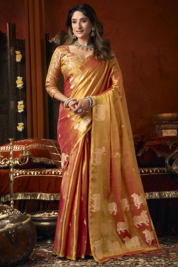 Orange Heavy Tissue Saree with Traditional Butta Woven Elegance