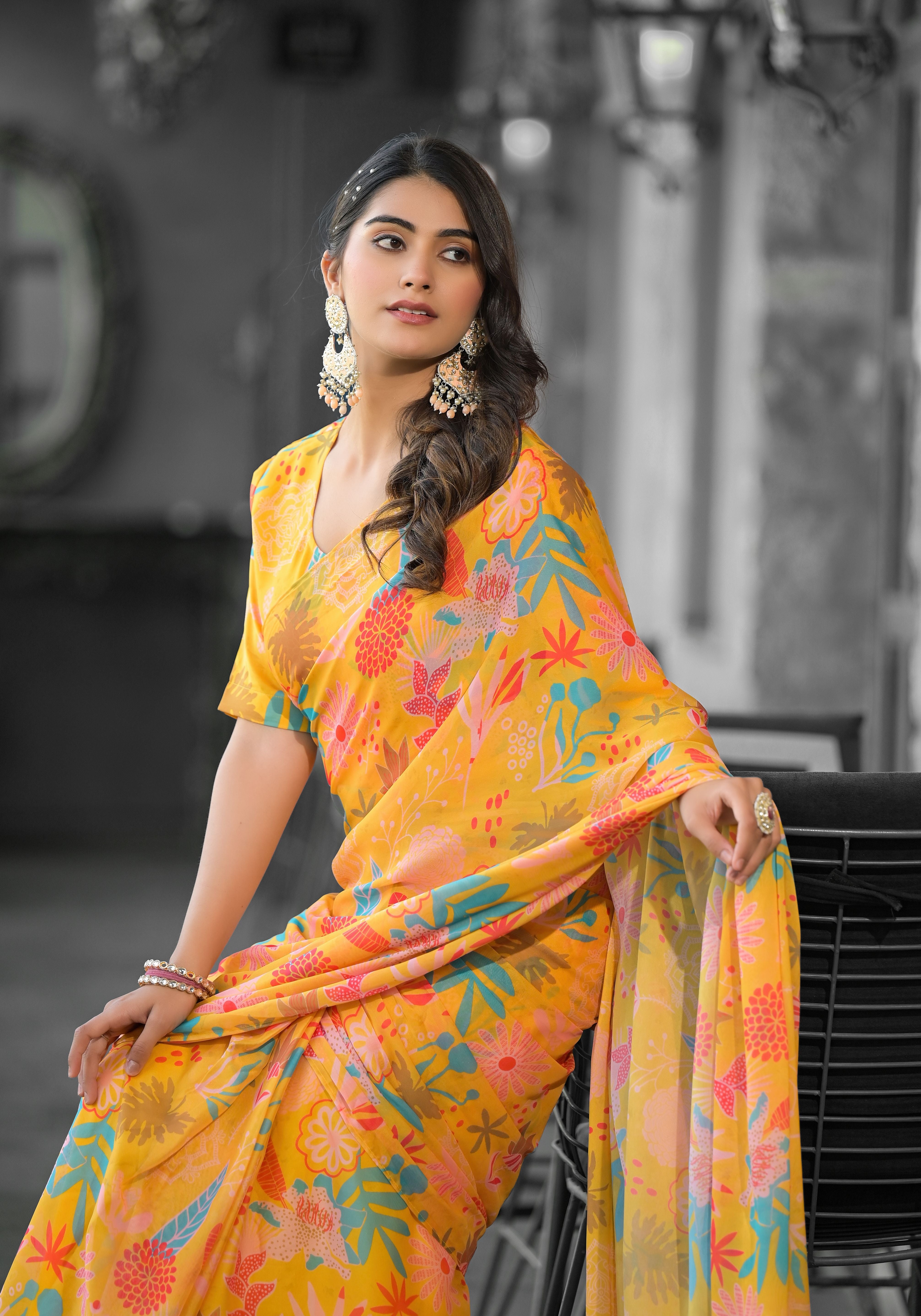 Orange Imported Georgette Designer Digital Printed Ready To Wear Gown Style Saree
