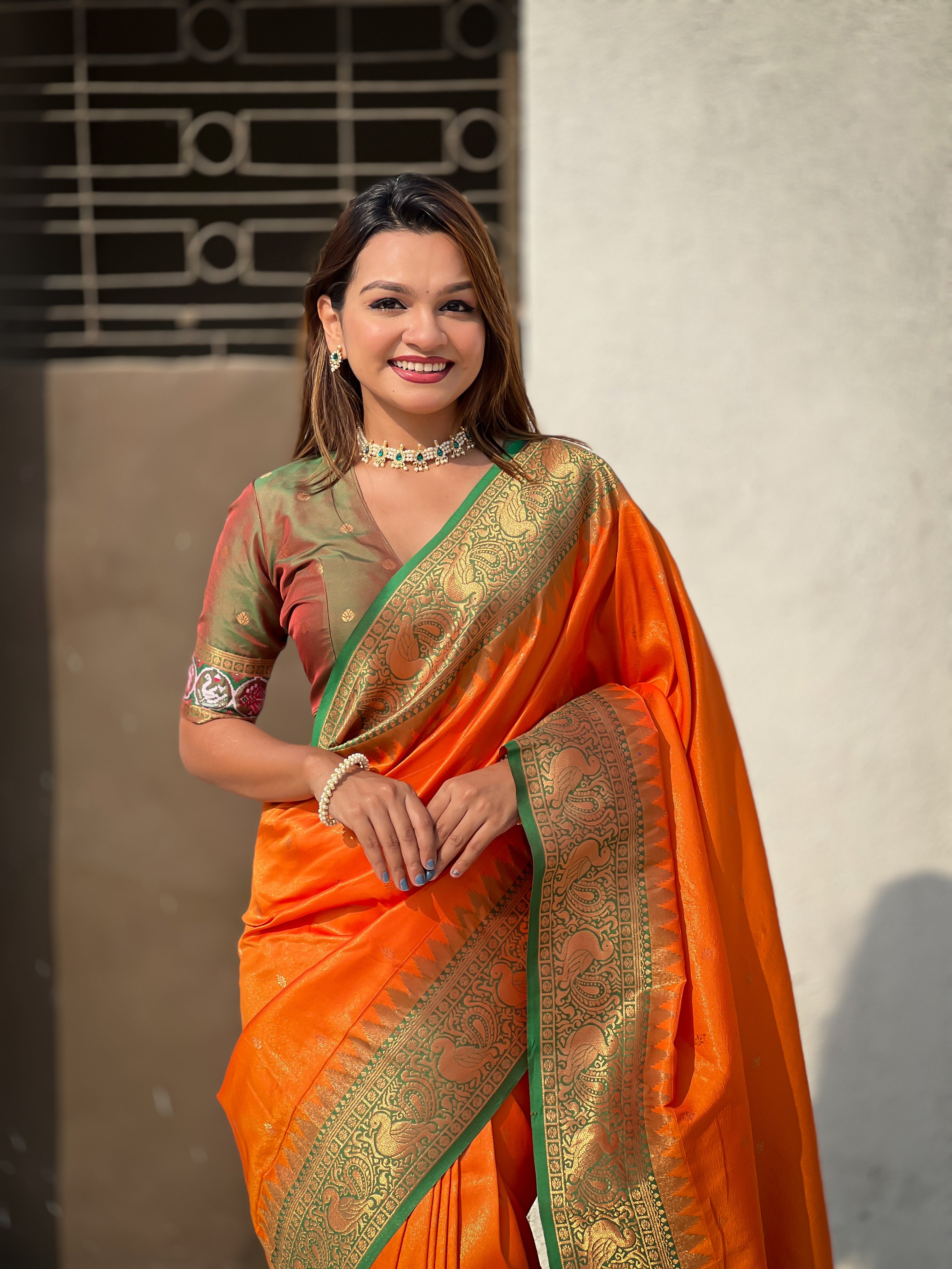 Orange Jari Tissue Woven Meenakari Pallu Designer Heavy Ethnic Saree