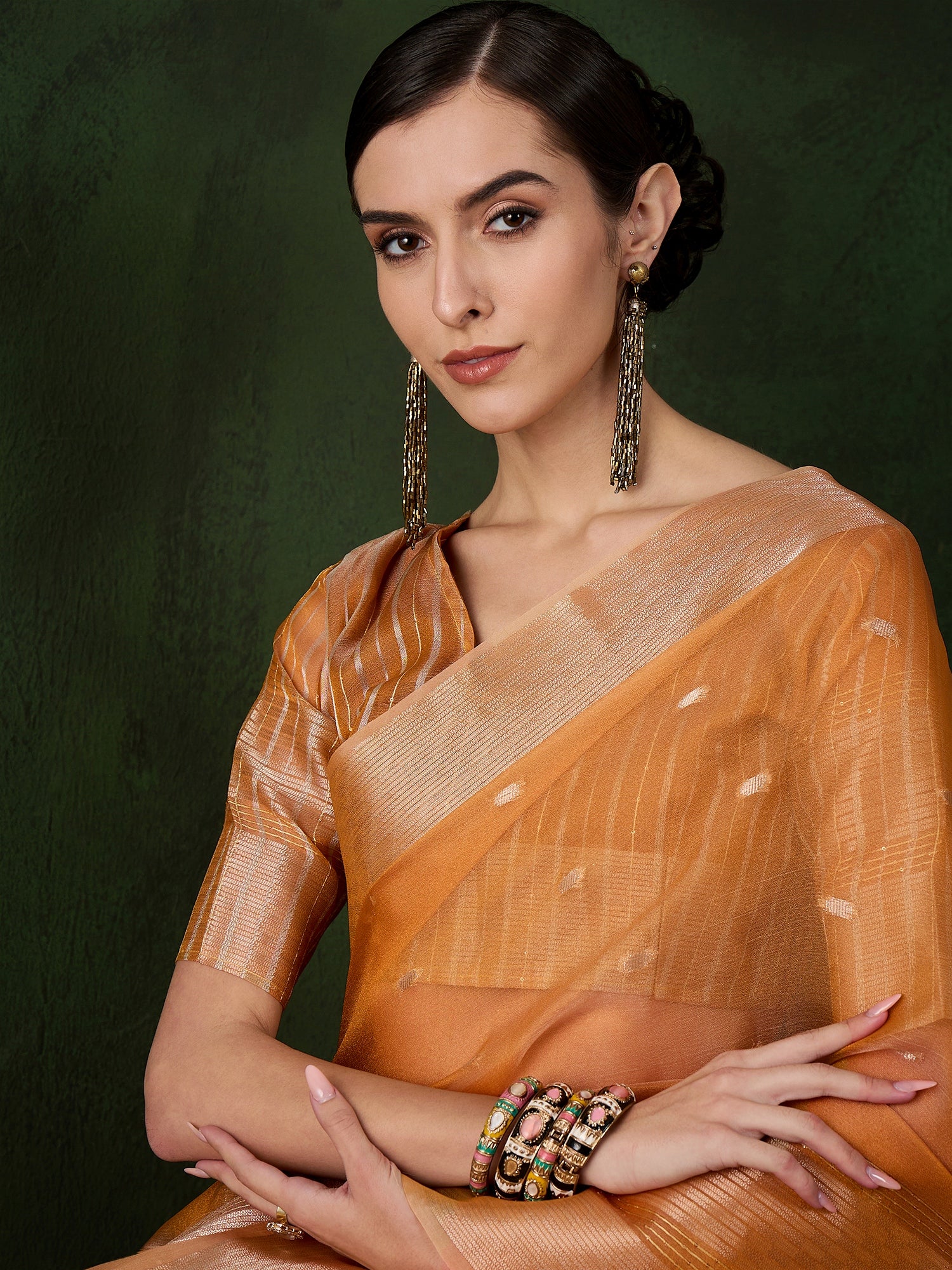 Orange Khadi Organza Ethnic Woven Designer Saree For Festive Looks