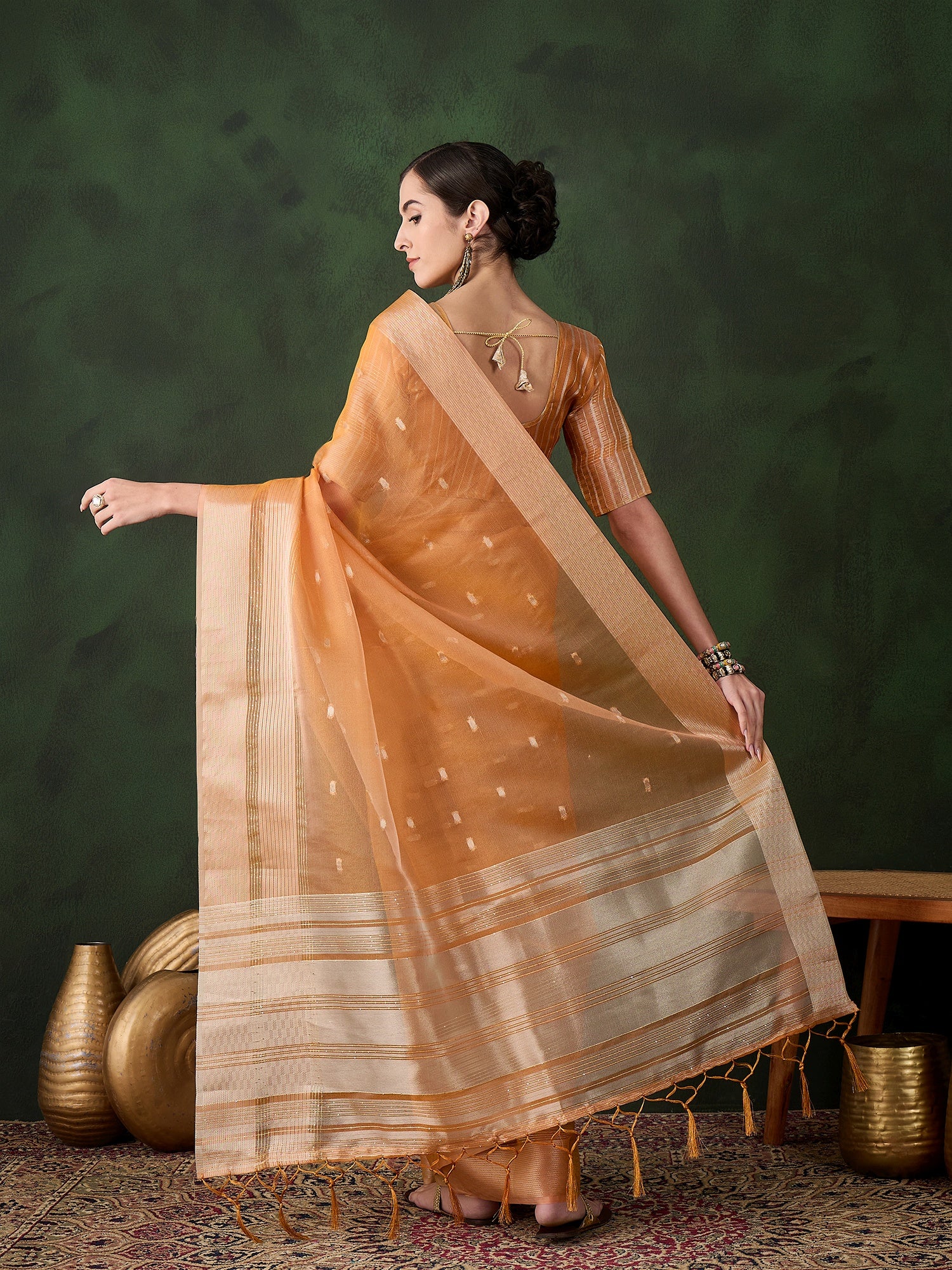 Orange Khadi Organza Ethnic Woven Designer Saree For Festive Looks