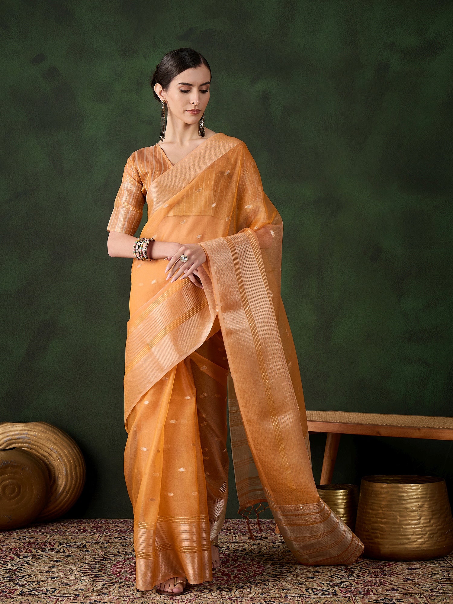 Orange Khadi Organza Ethnic Woven Designer Saree For Festive Looks
