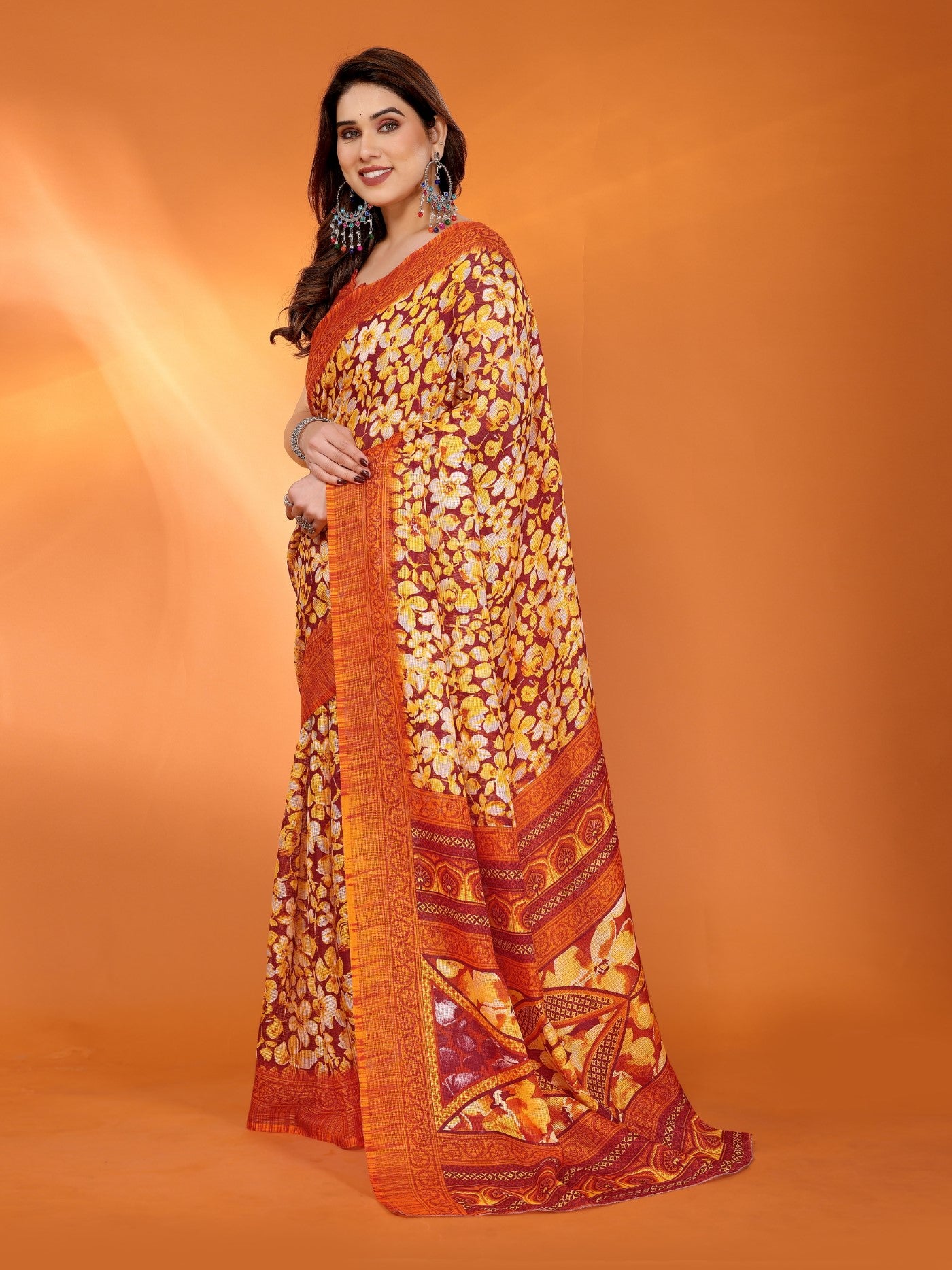 Orange Kota Doriya Saree With Traditional Printed Design