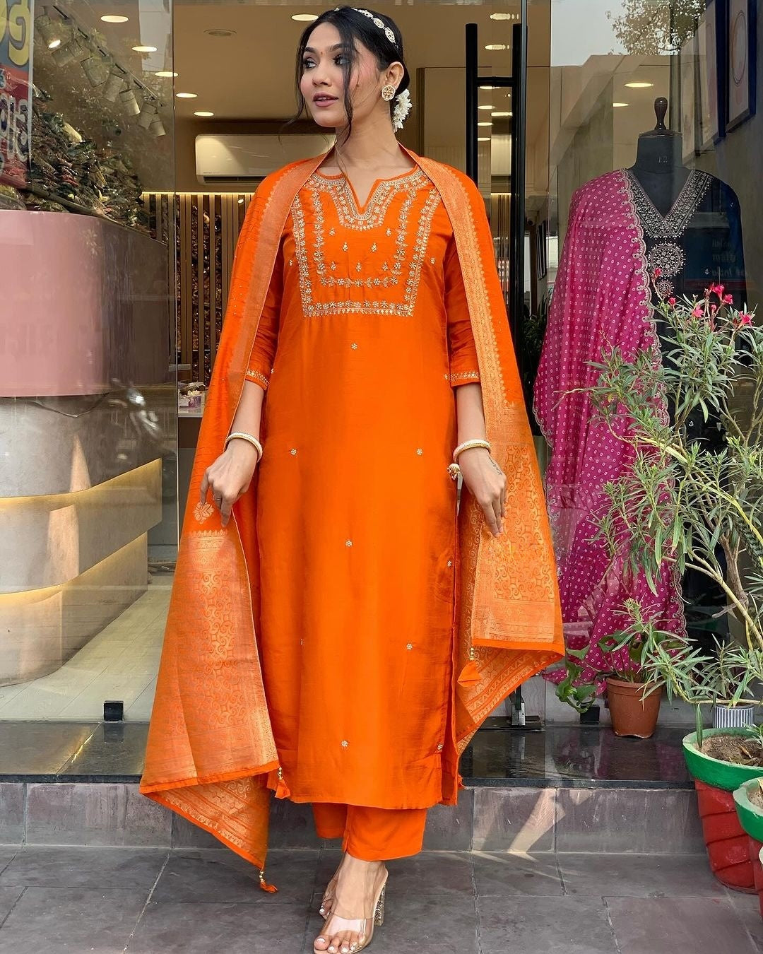 Orange Kurta Pant Set With Heavy Thread Embroidery Work