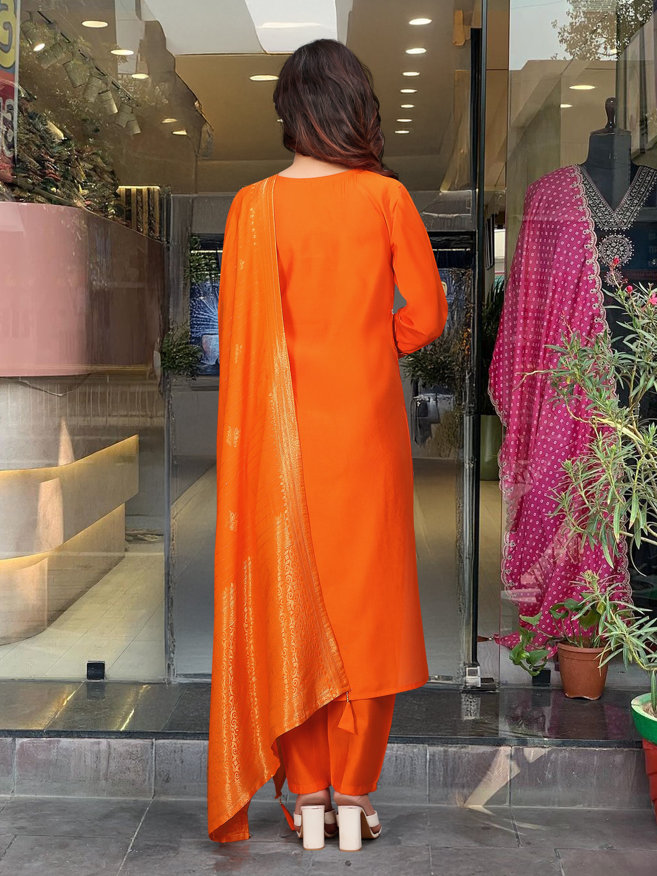 Orange Kurta Pant Set With Heavy Thread Embroidery Work