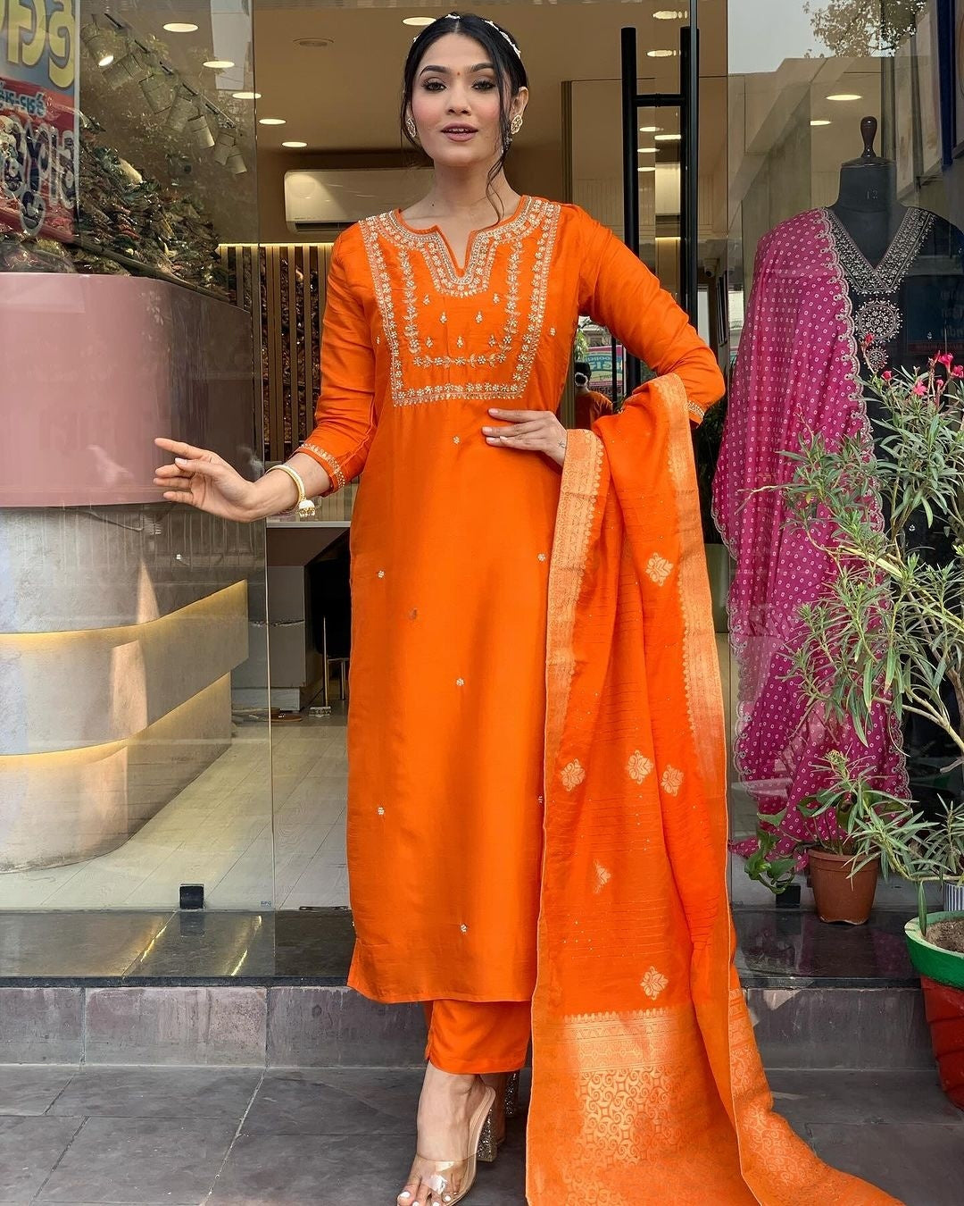 Orange Kurta Pant Set With Heavy Thread Embroidery Work