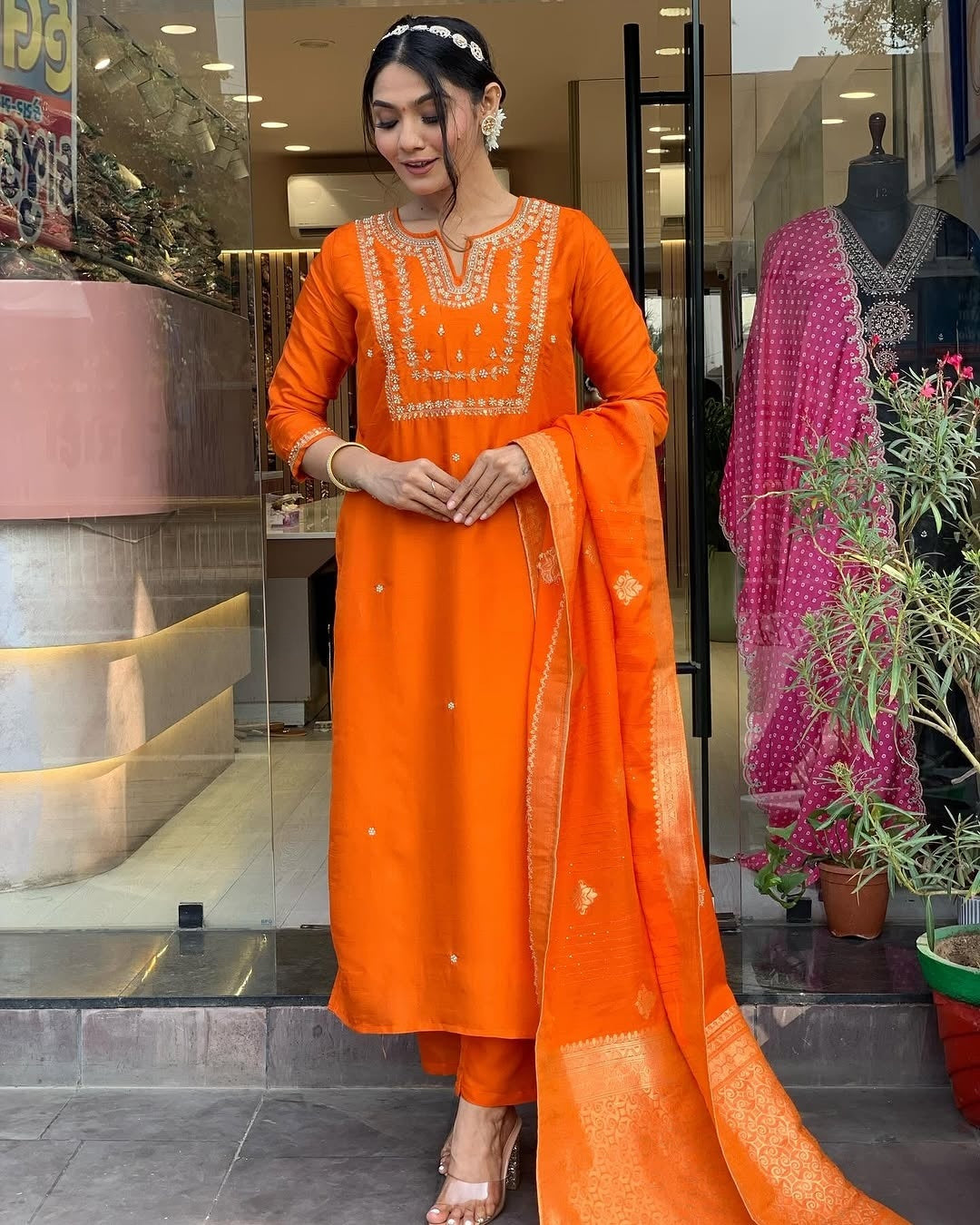 Orange Kurta Pant Set With Heavy Thread Embroidery Work