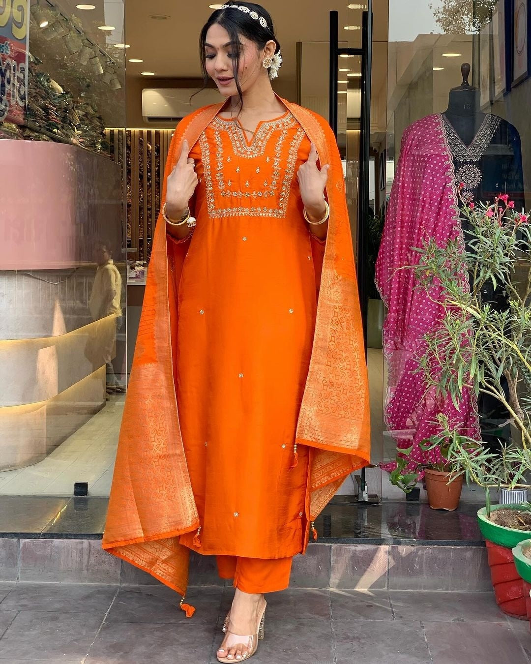 Orange Kurta Pant Set With Heavy Thread Embroidery Work