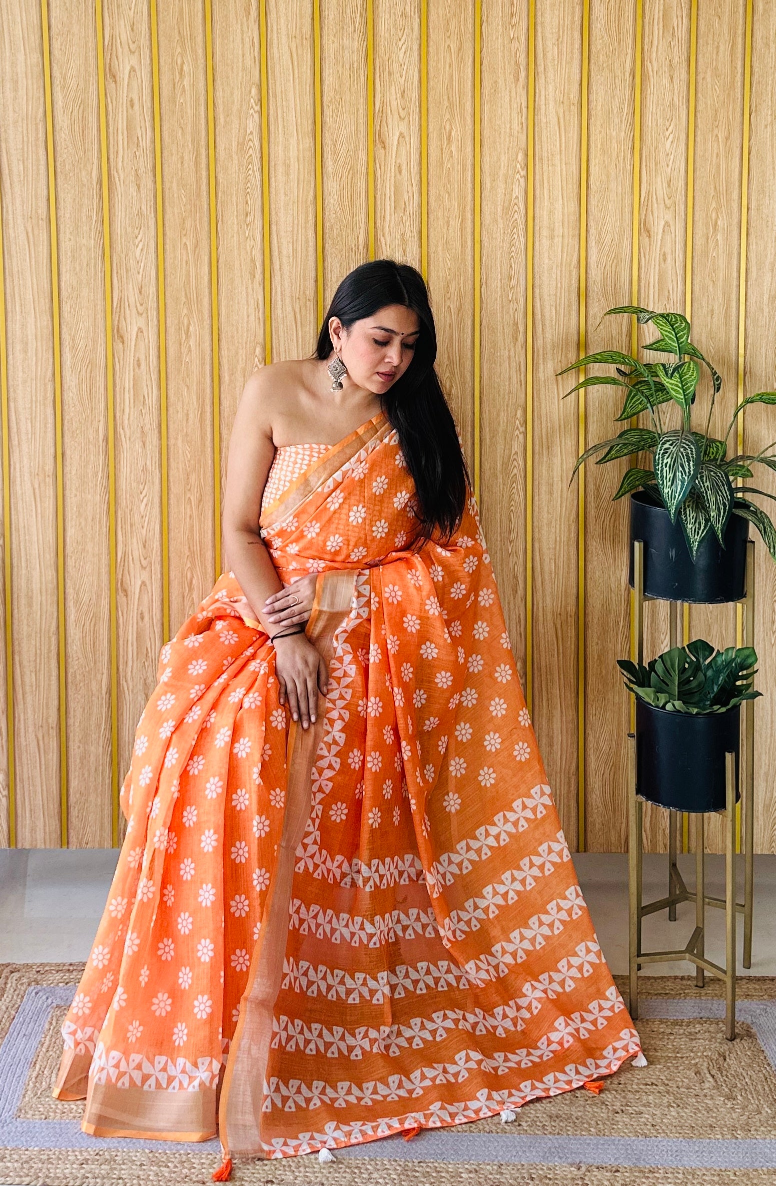 Orange Linen Cotton Digital Batik Printed Traditional Looks Saree