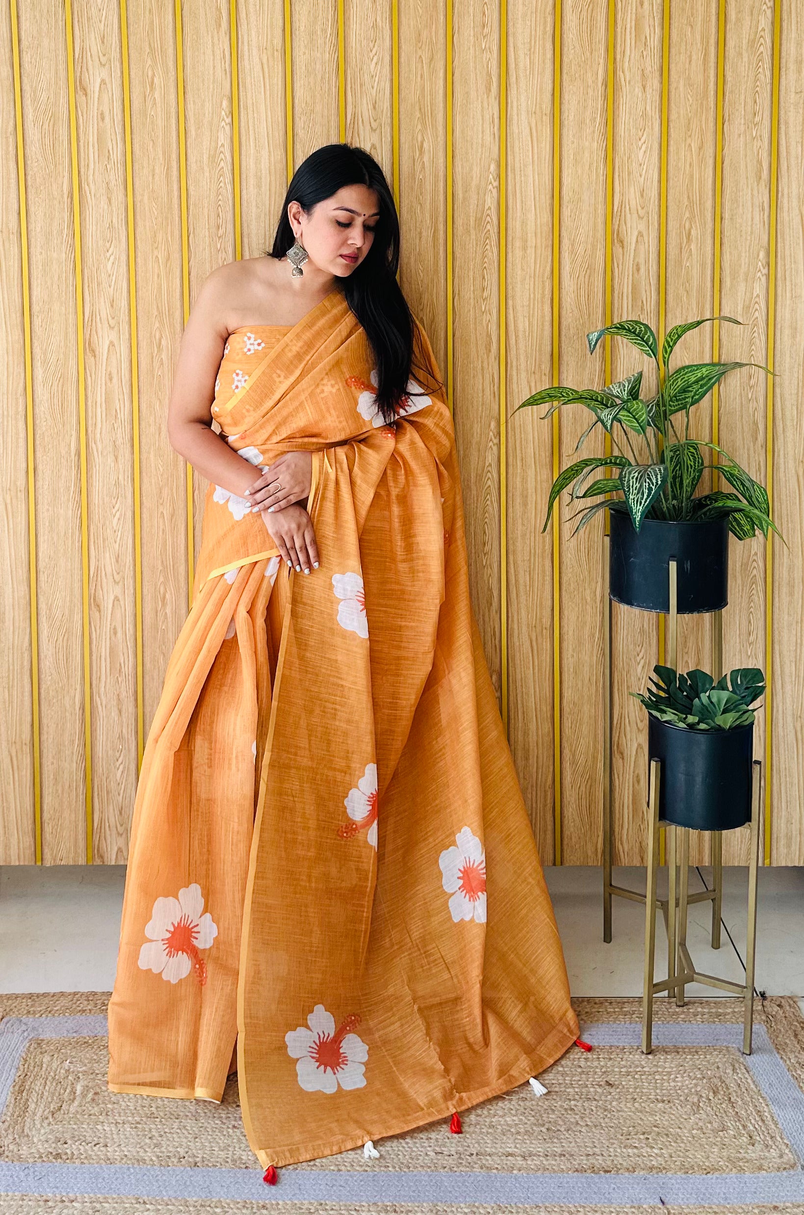 Orange Linen Floral Printed Girlie Looks Saree