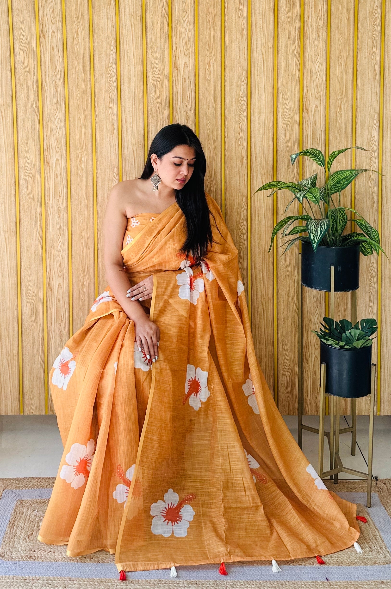 Orange Linen Floral Printed Girlie Looks Saree