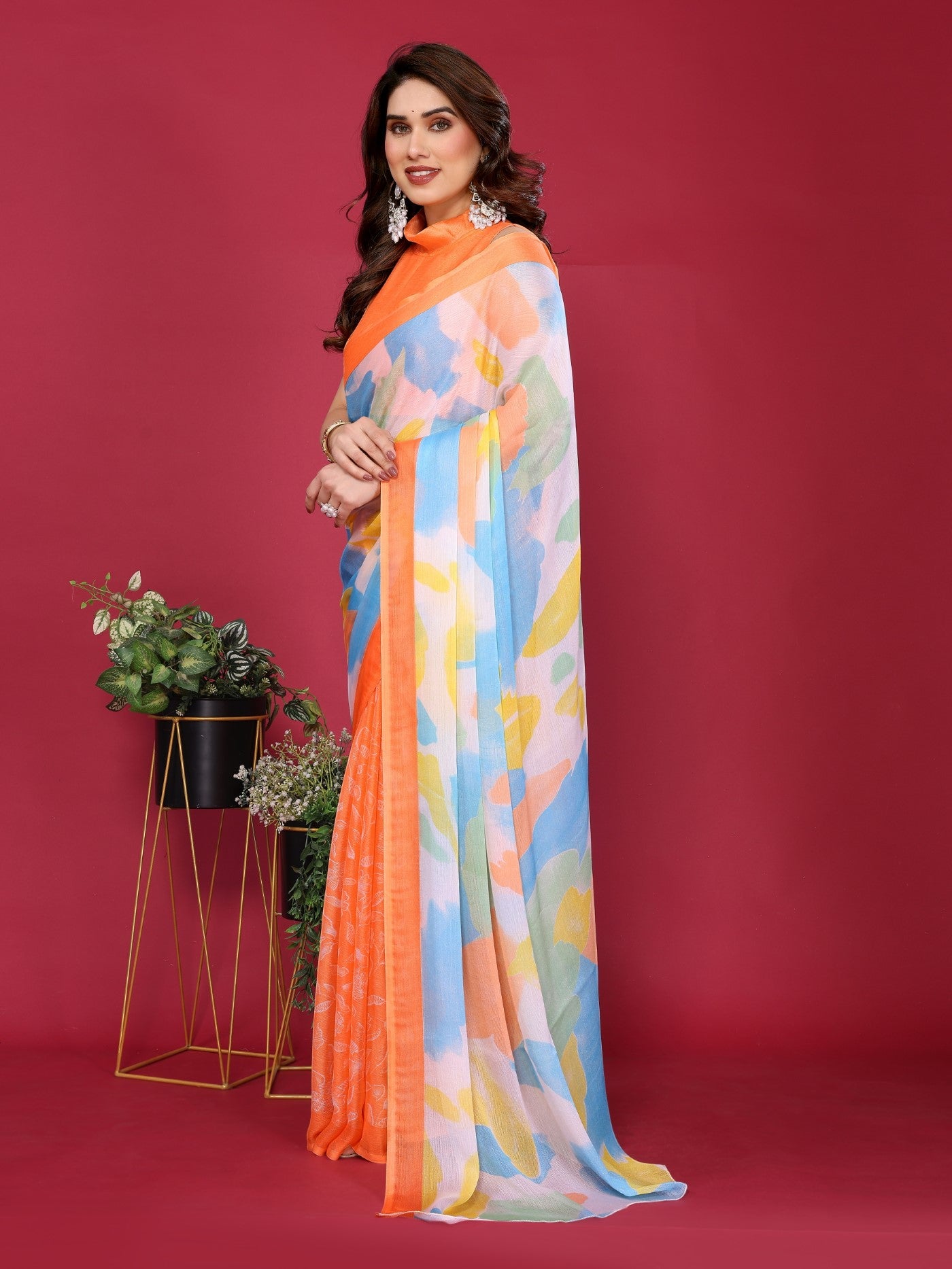 Orange Moss Chiffon Saree With Elegant Printed Design