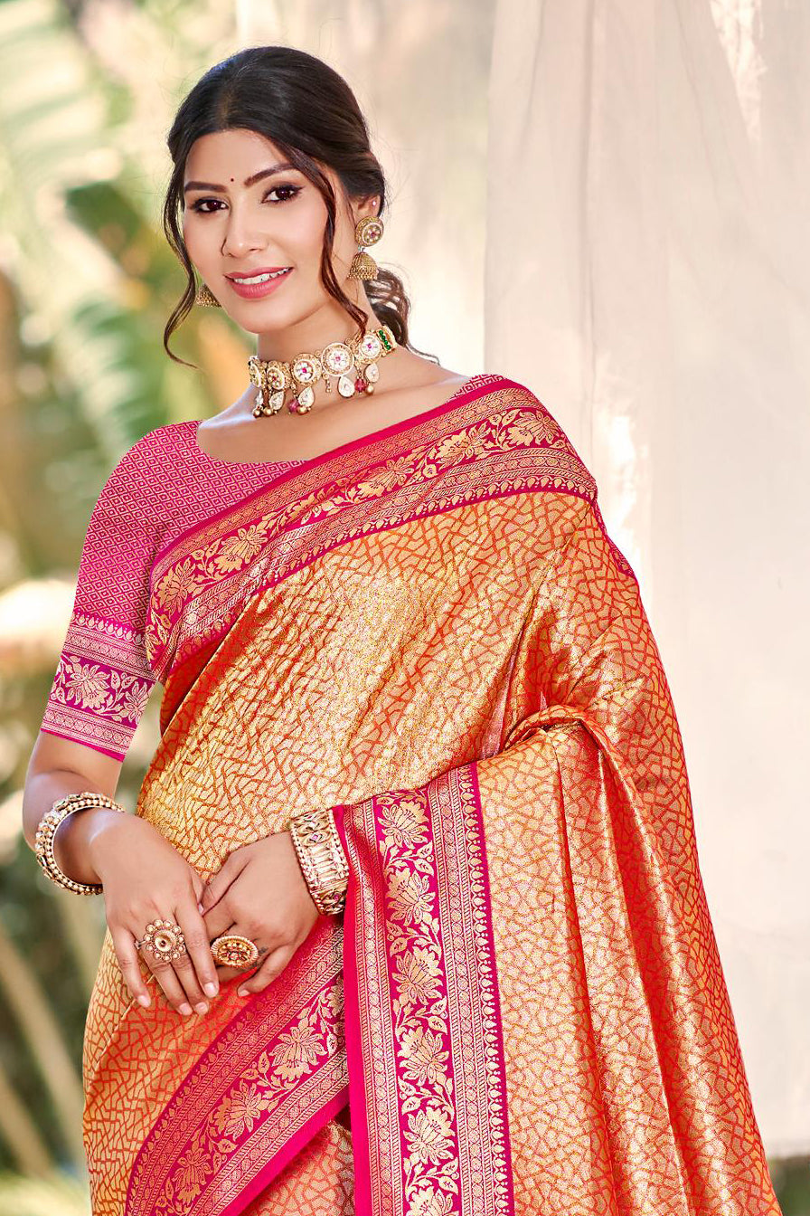 Orange Multi Color Kanjivaram Silk Saree With Timeless Grace and Elegant Charm
