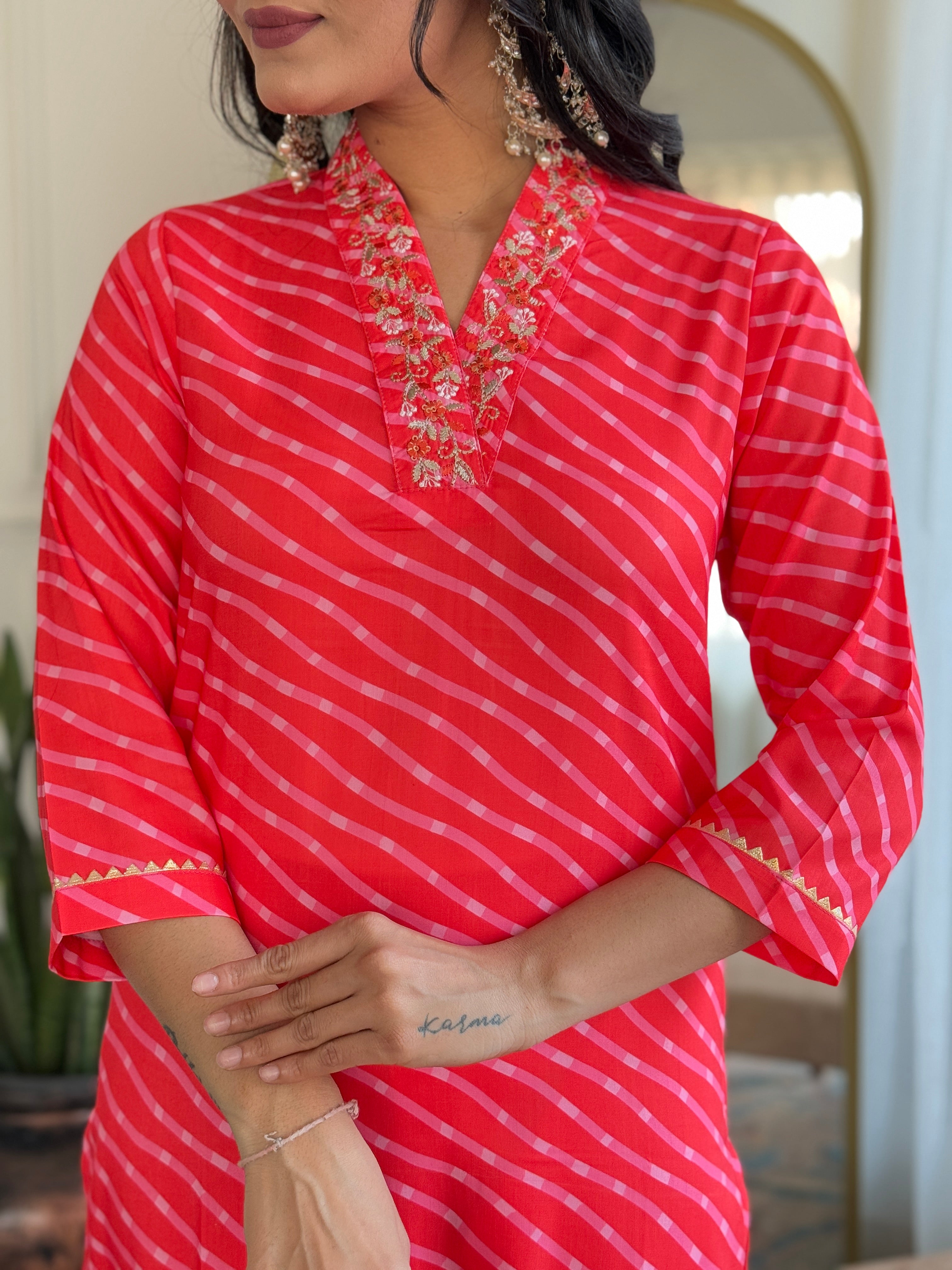 Orange Muslin Elegant Kurta Pant Set With Embroidery Work