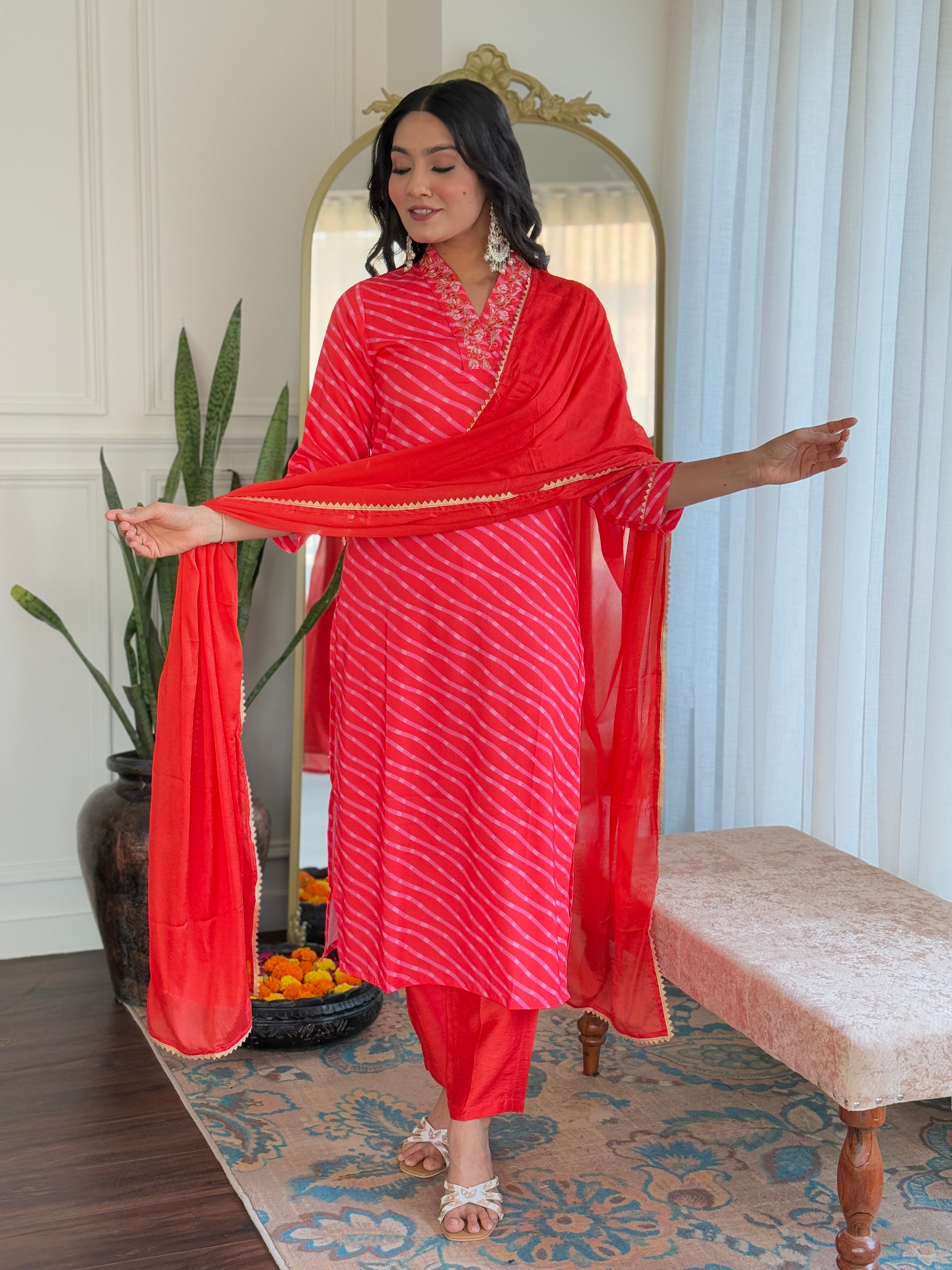 Orange Muslin Elegant Kurta Pant Set With Embroidery Work