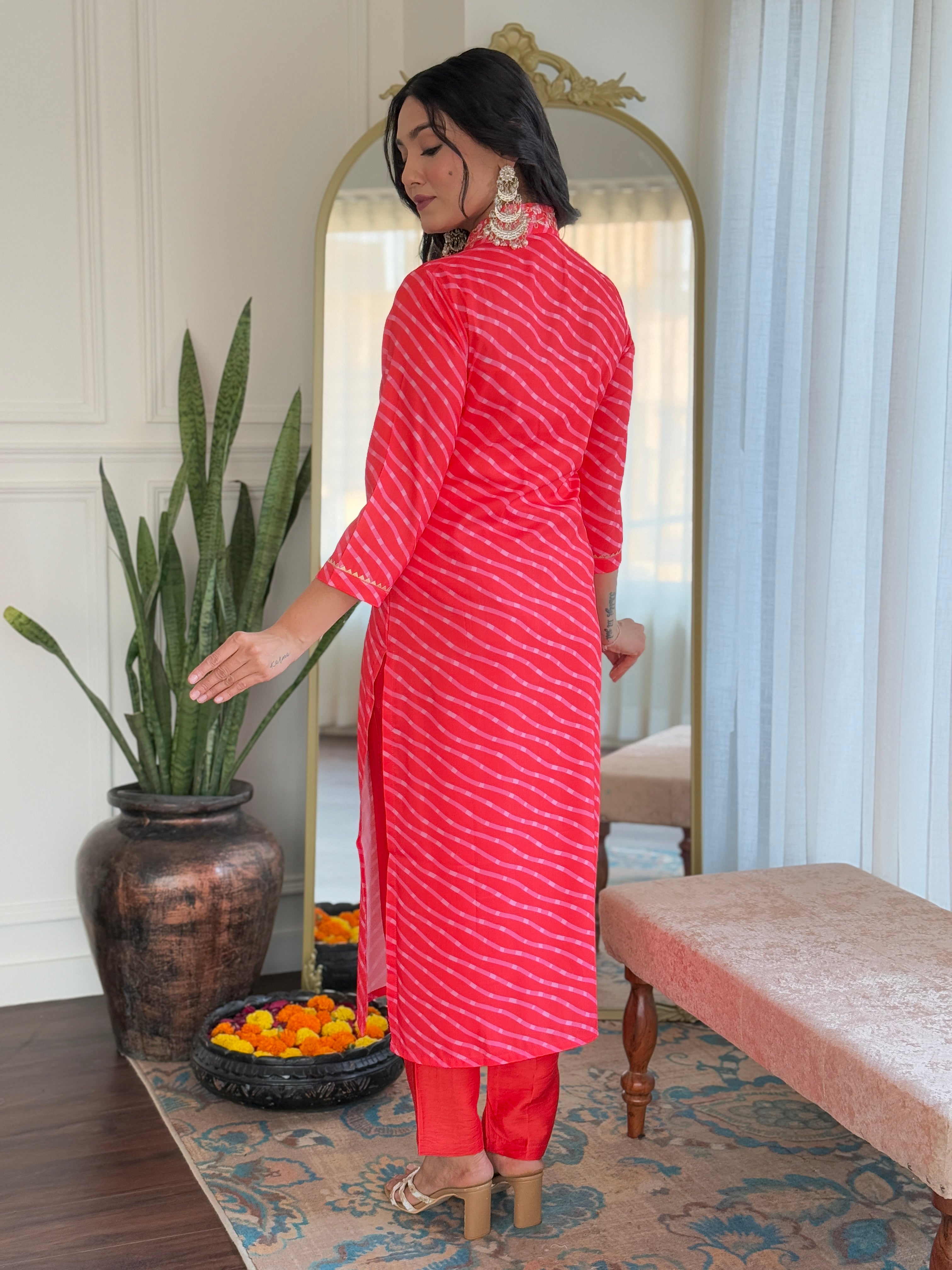 Orange Muslin Elegant Kurta Pant Set With Embroidery Work