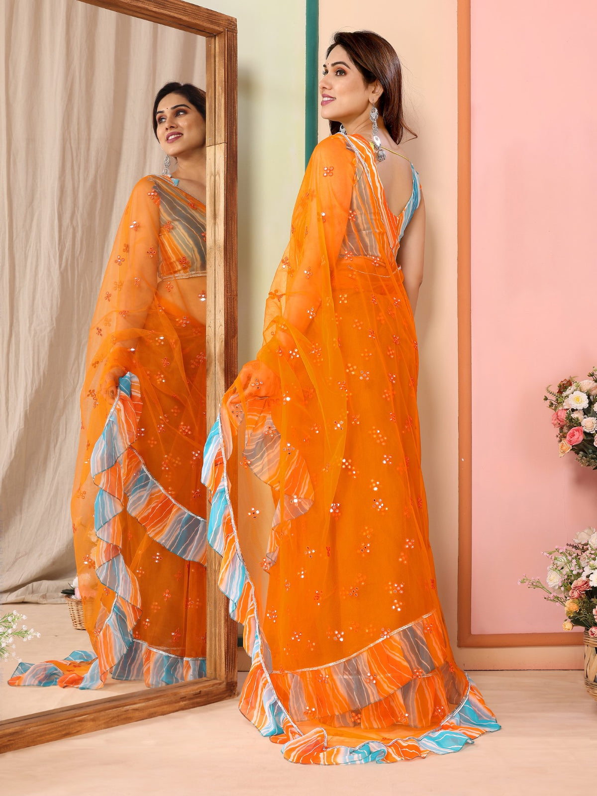 Orange Net Saree with Mirror Work & Ruffle with Leheriya Blouse
