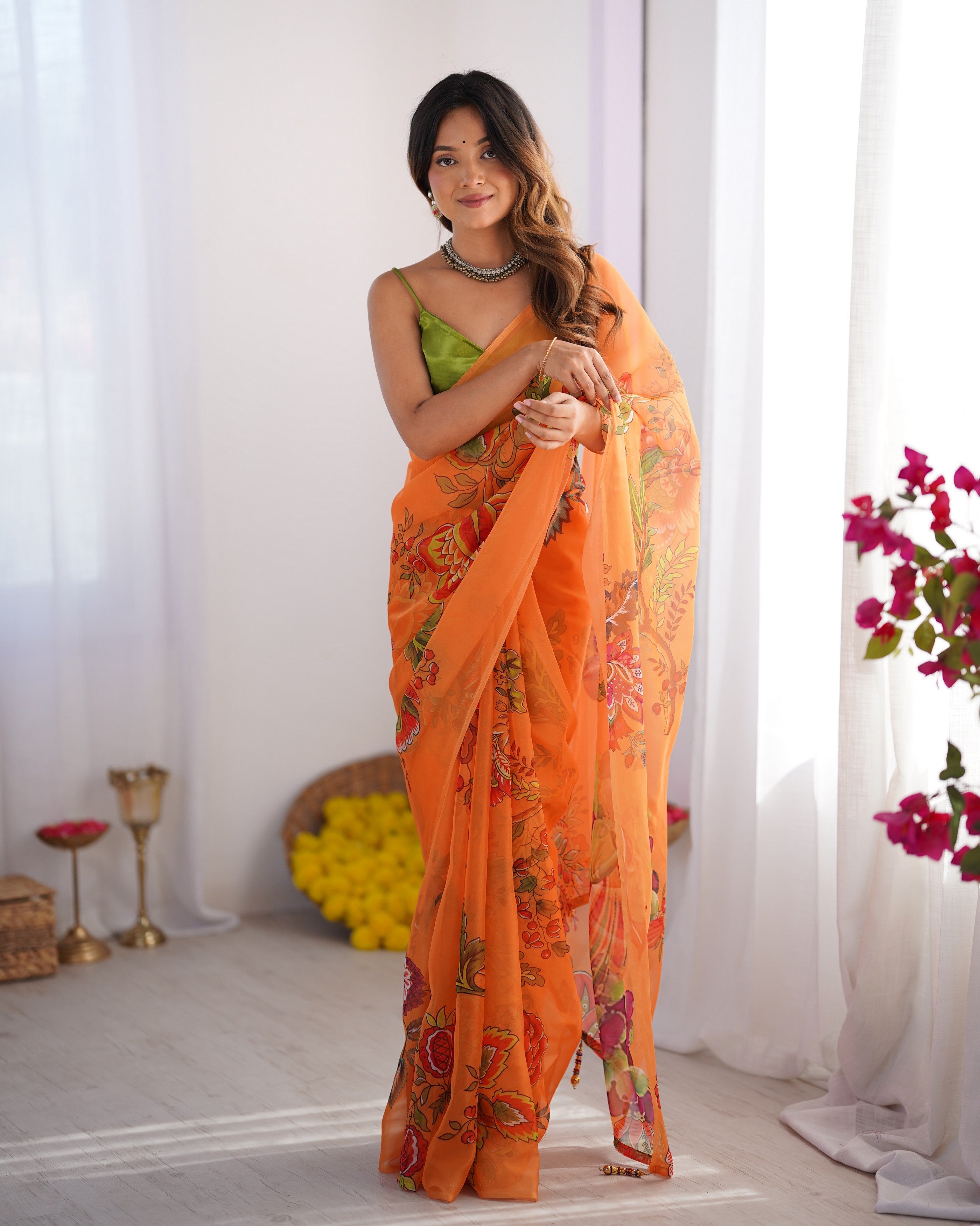 Orange Organza Designer Printed Bollywood Style Saree