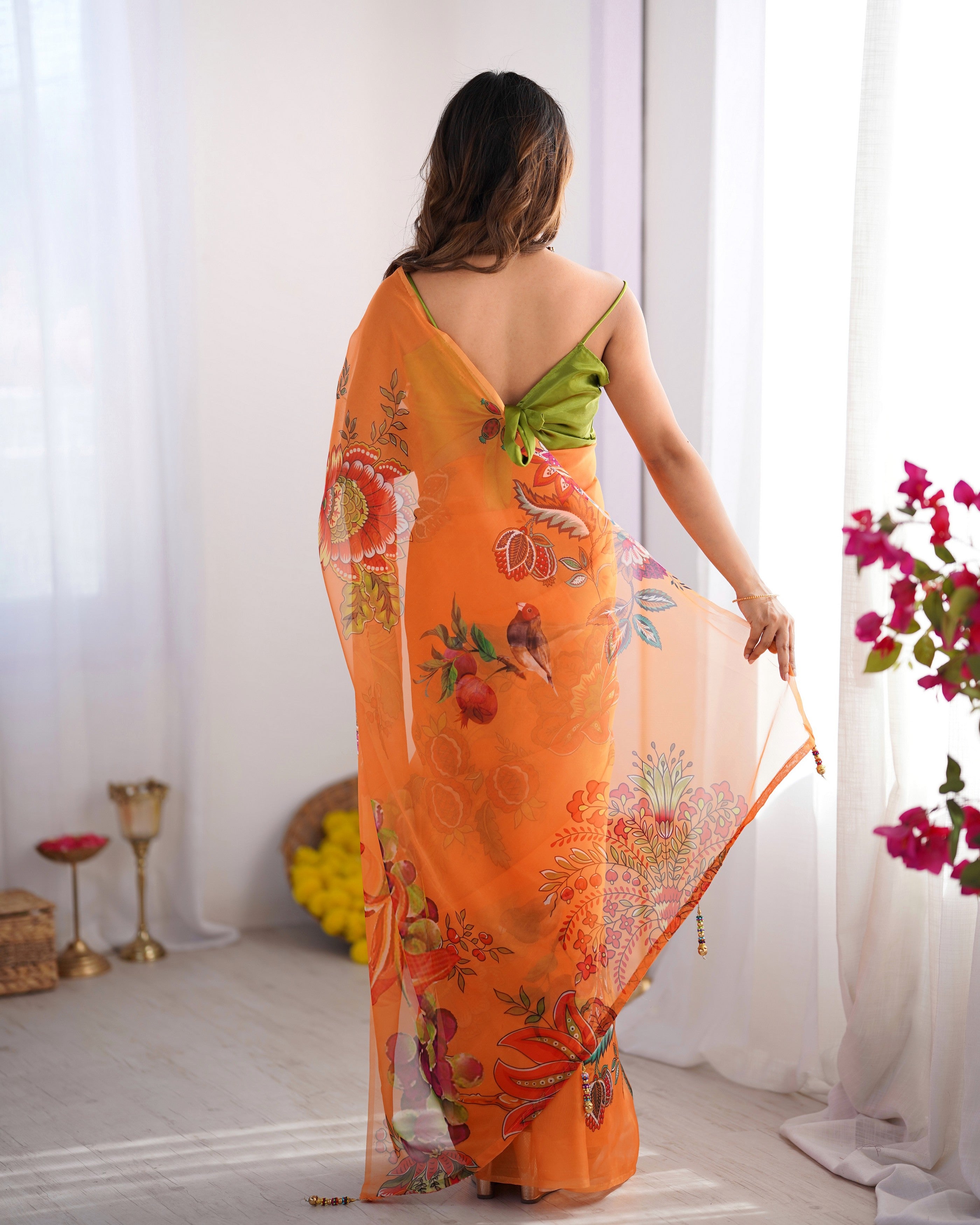 Orange Organza Designer Printed Bollywood Style Saree