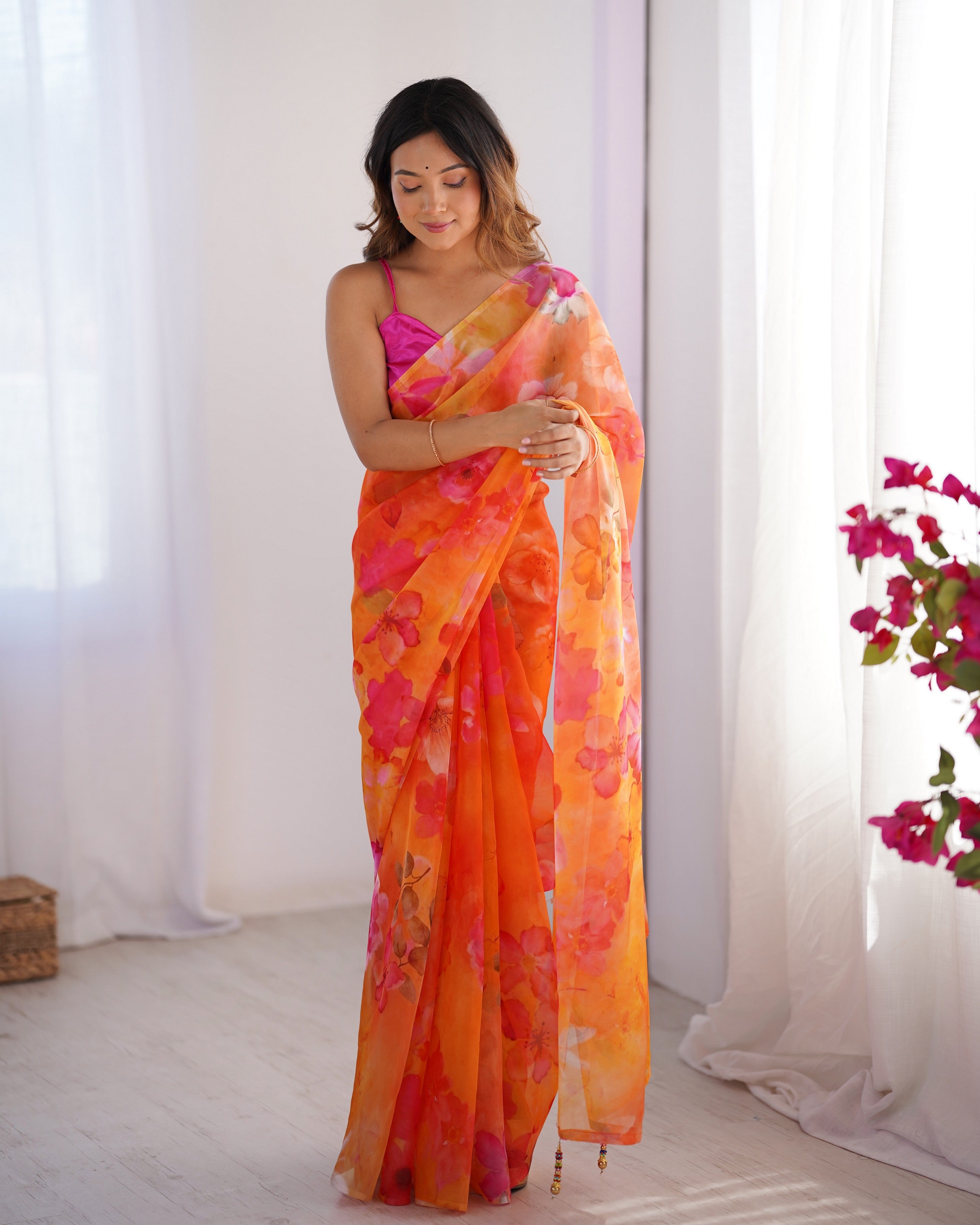 Orange Organza Designer Printed Fancy Partywear Saree