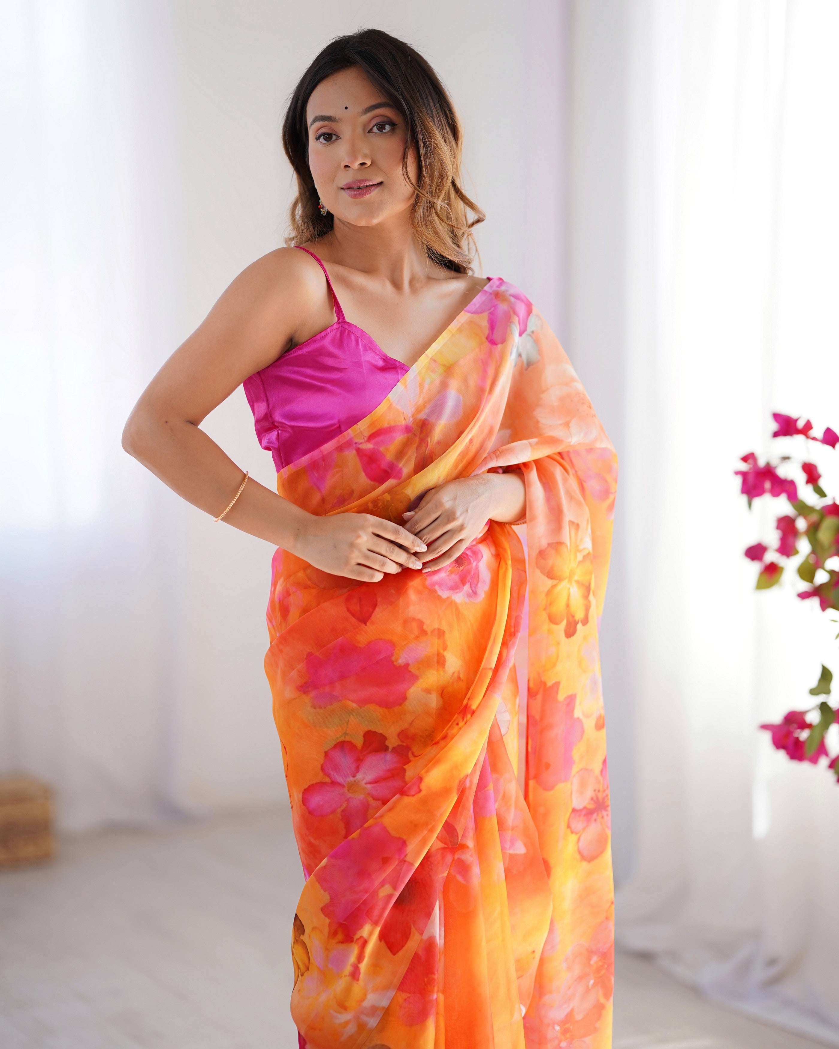 Orange Organza Designer Printed Fancy Partywear Saree