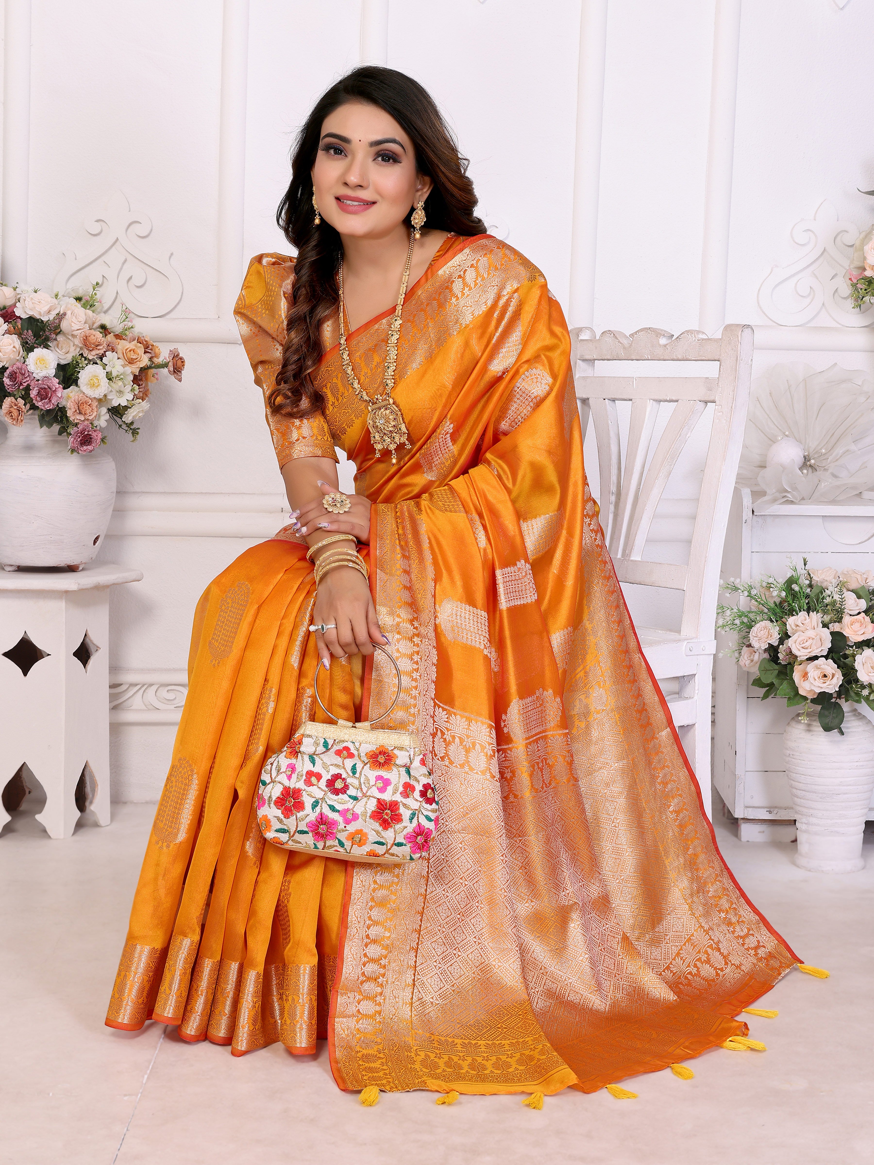 Orange Organza Gold Zari Designer Beautiful Festive Saree