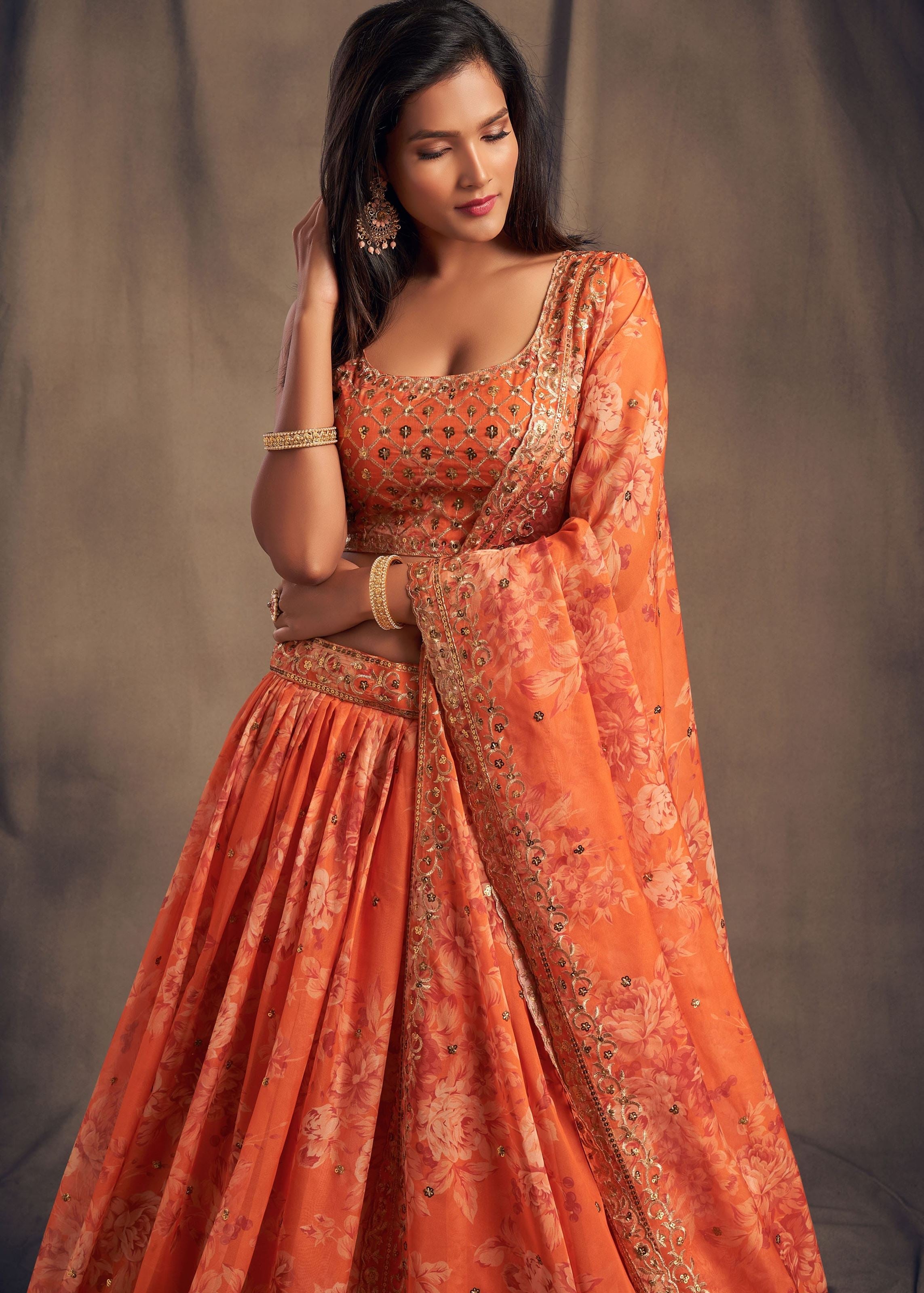 Orange Organza Lehenga Choli With Sequins Zari Embroidery Work