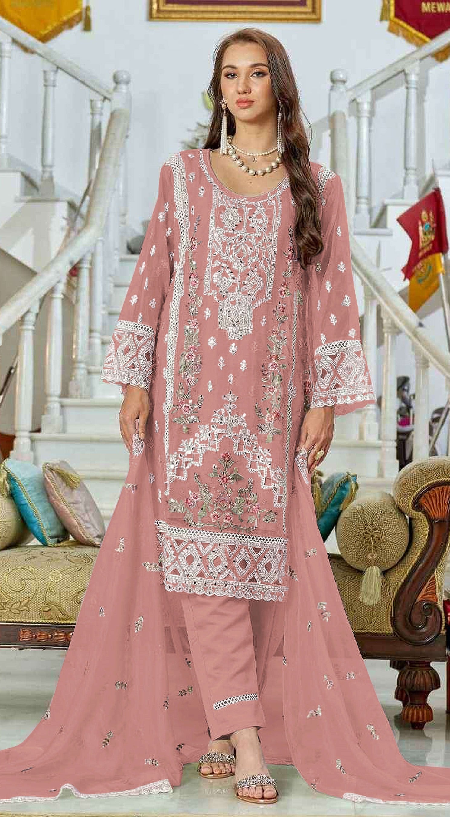 Orange Pakistani Salwar Suit With Heavy Embroidery Work