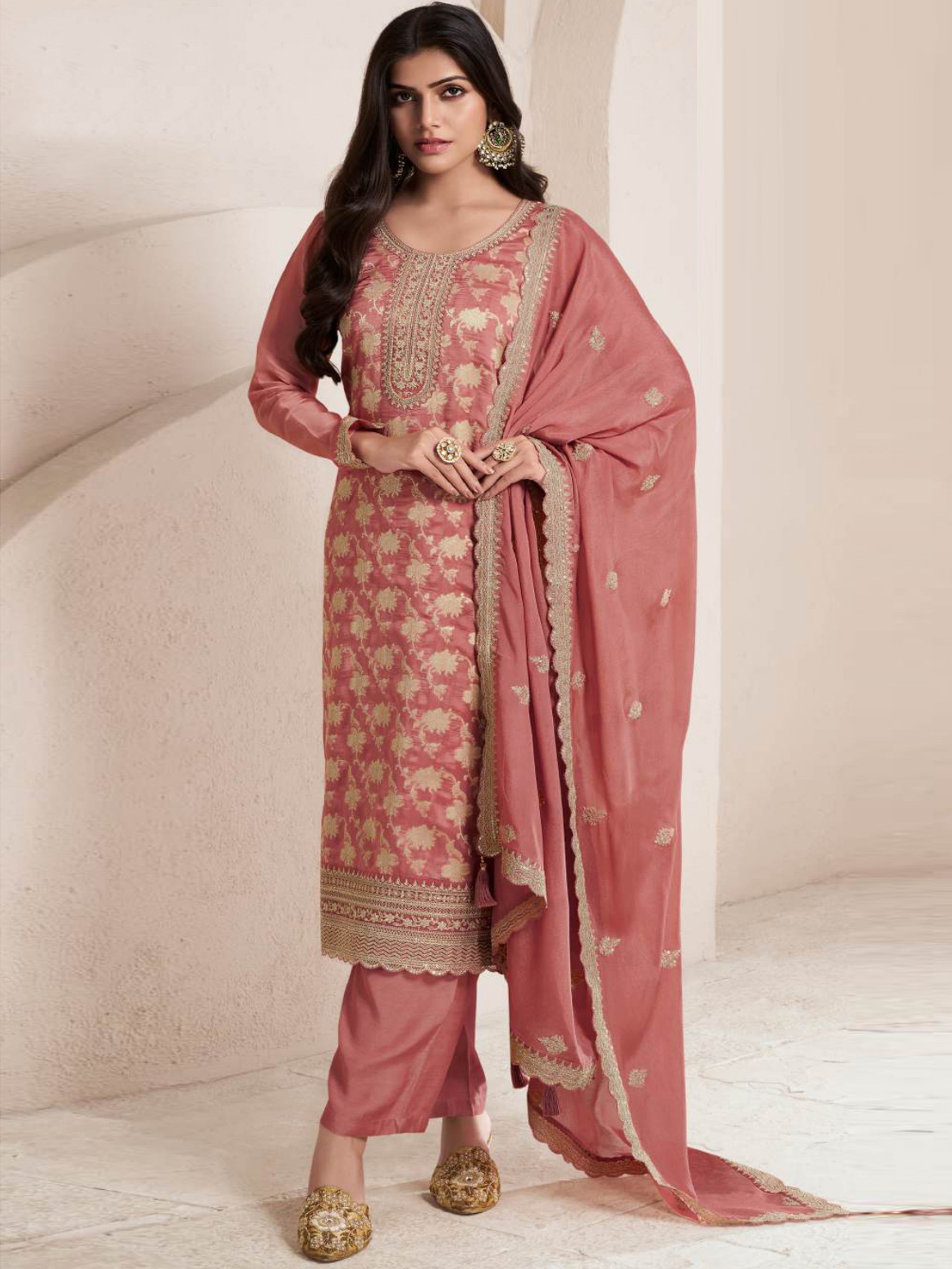 Orange Pakistani Salwar Suit With Heavy Embroidery Work