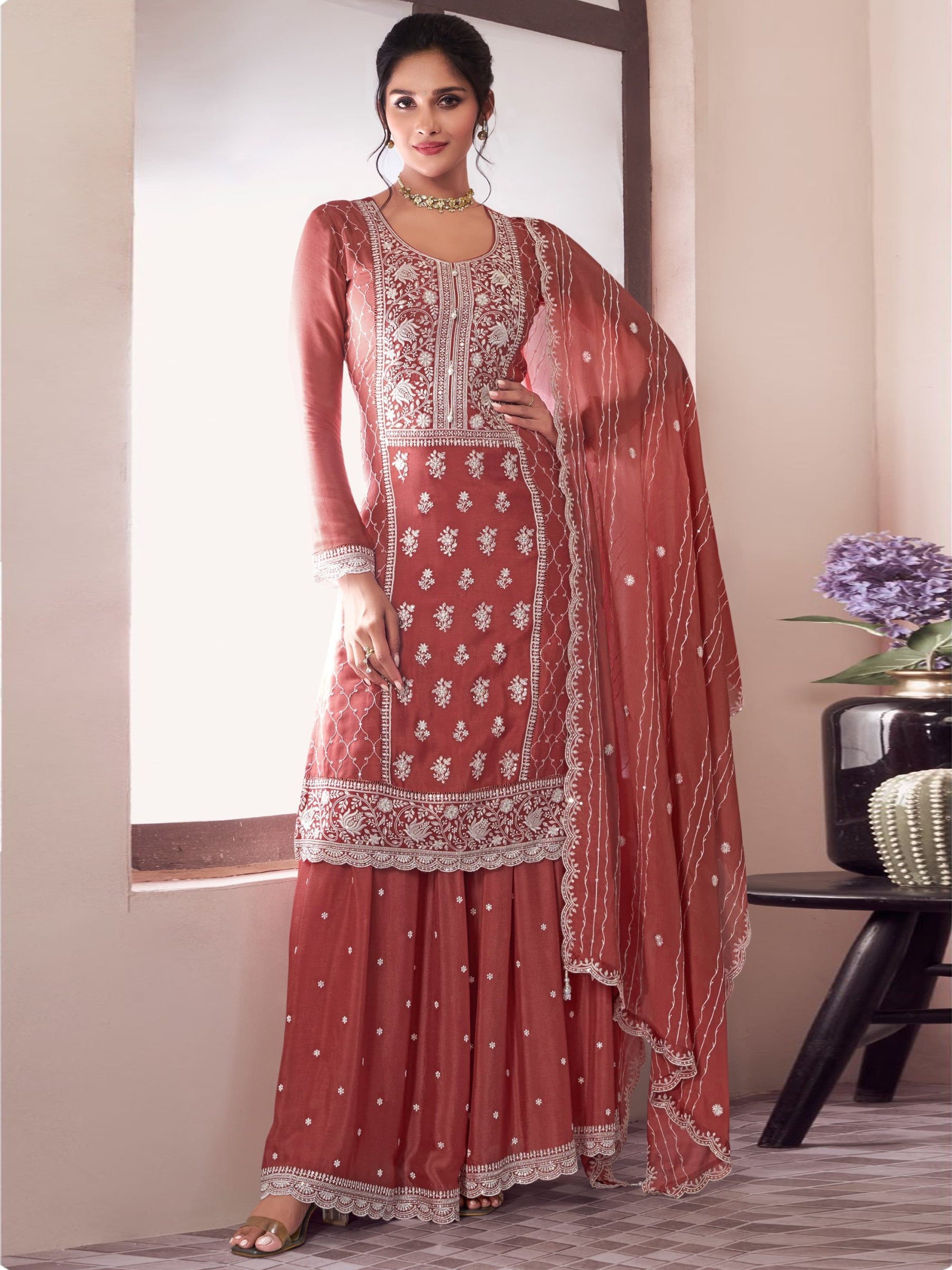 Orange Palazzo Style Salwar Suit With Heavy Embroidery Work